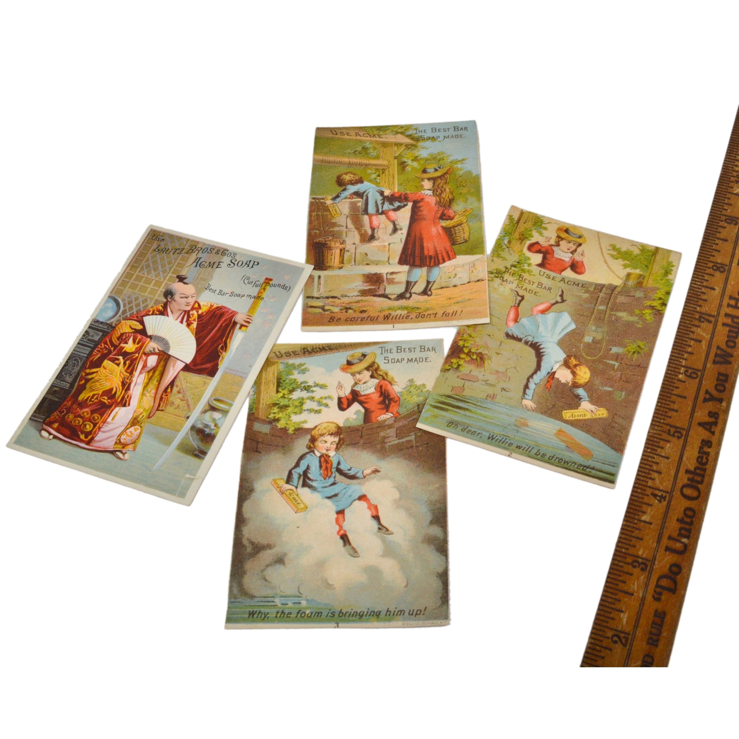 Vintage ACME SOAP & SAMURAI Antique Advertising Trade Cards - Lot of 4 Collectible Ephemera for Home Decor, Scrapbooking & Vintage Collections