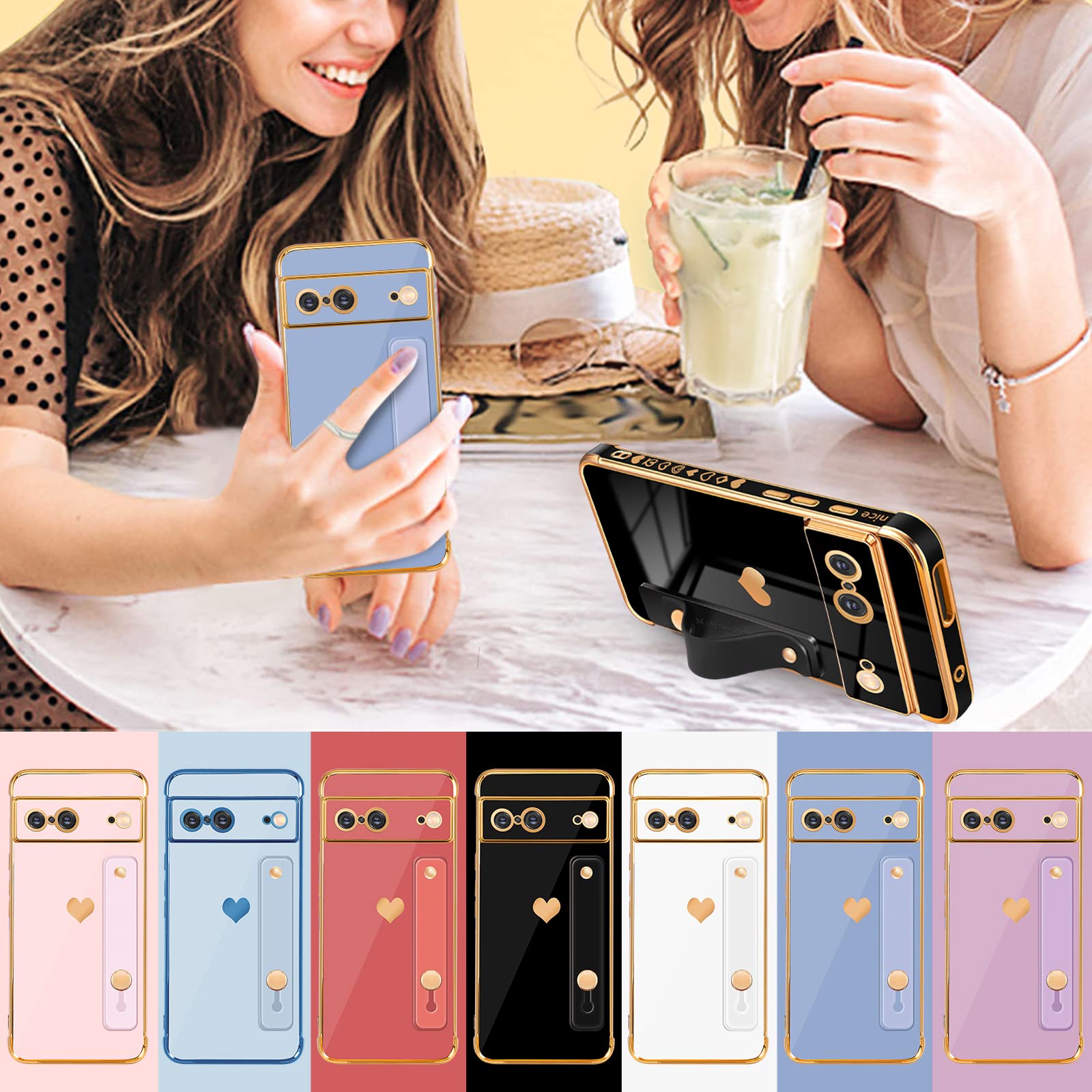 Coralogo Heart Design Google Pixel 7 Case 6.3 inch - Cute Aesthetic Phone Cover with Stand & Chain for Women (Dark Blue Gold Love Hearts) - Perfect for Everyday Use, Travel & Gift Giving