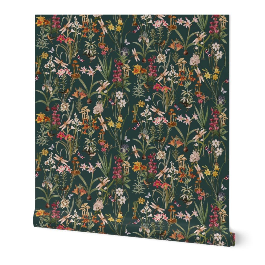 Peel & Stick Wallpaper 12ft x 2ft - Garden Dragonflies Spring Botanical Woodland Floral Custom Removable Wallpaper by Spoonflower | Perfect for Bedroom, Nursery, Living Room & Office Decor
