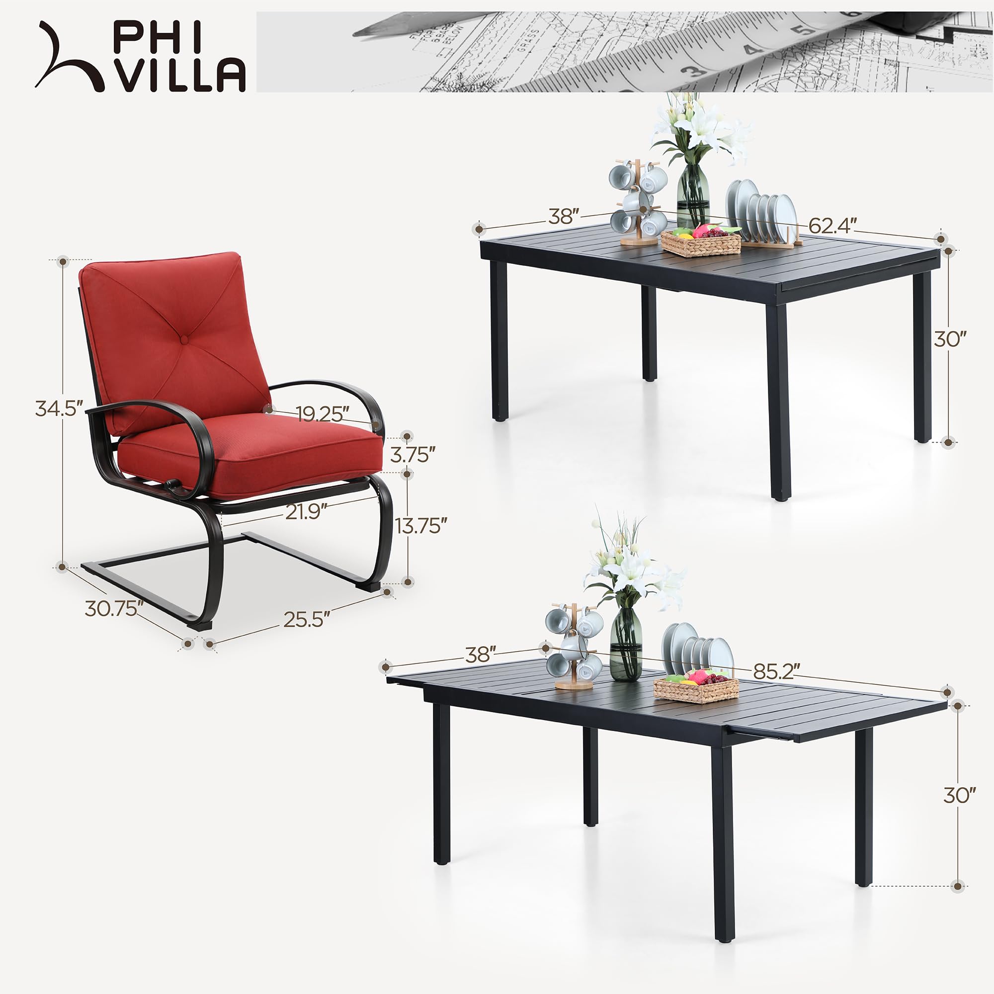 PHI VILLA 9-Piece Patio Dining Set with 8 Spring Motion Cushioned Chairs & Extendable Metal Table - Waterproof Outdoor Furniture for Garden, Backyard, Poolside & Patio (Red) - Perfect for Entertaining, Dining Al Fresco & Relaxing Outdoors