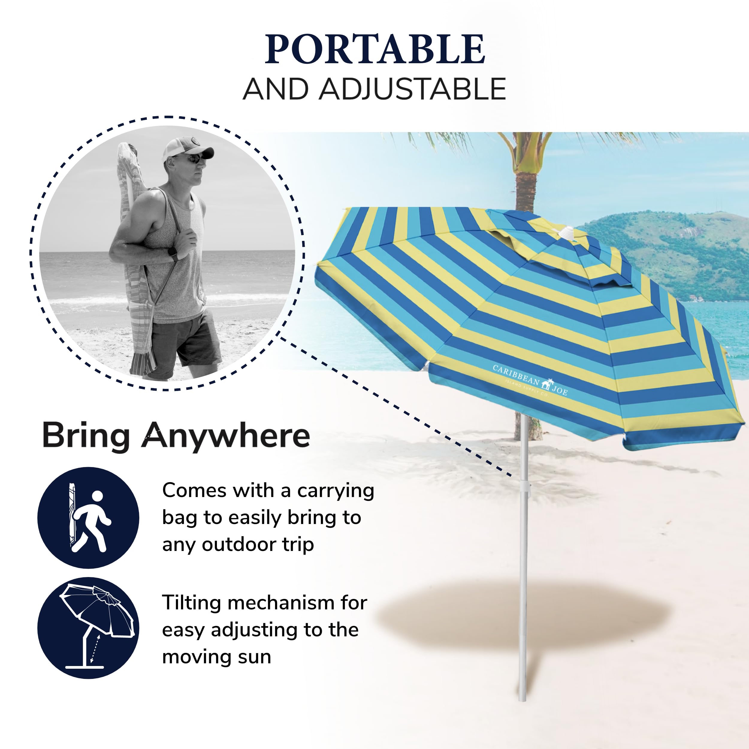Portable Adjustable Tilt Beach Umbrella with UV Protection & Vented Canopy - 6.5 ft Wide Arc for Sun Shade - Perfect for Poolside, Backyard, Picnics & Beach Vacations