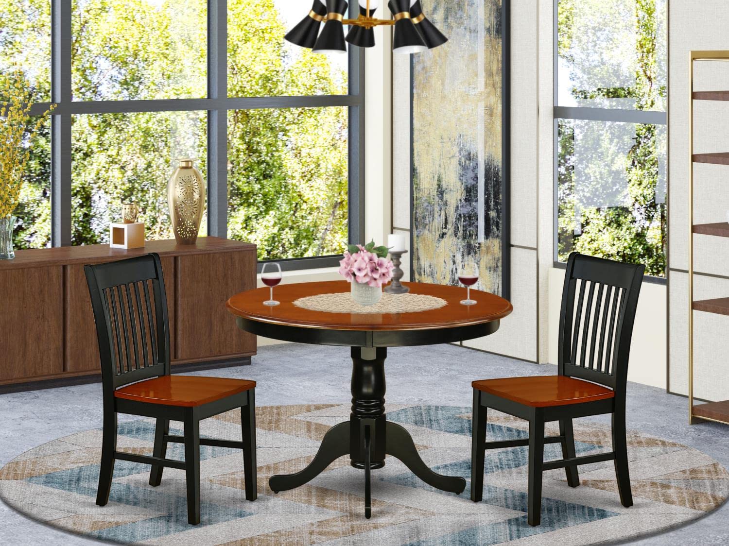 East West Furniture HLNO3-BCH-W 3-Piece Round Kitchen Dining Set with Pedestal Table & 2 Chairs, 42x42 Inch, Black & Cherry - Perfect for Small Spaces, Breakfast Nooks, and Cozy Apartments