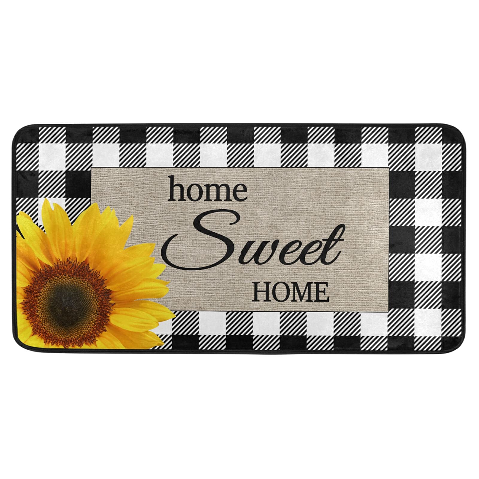 Black & White Buffalo Plaid Check Kitchen Rugs - Non-Slip Washable Kitchen Mats 39x20 Inch - Sunflower Bathroom Rug & Doormat for Home Decor - Perfect for Farmhouse, Cottage & Rustic Style Kitchens