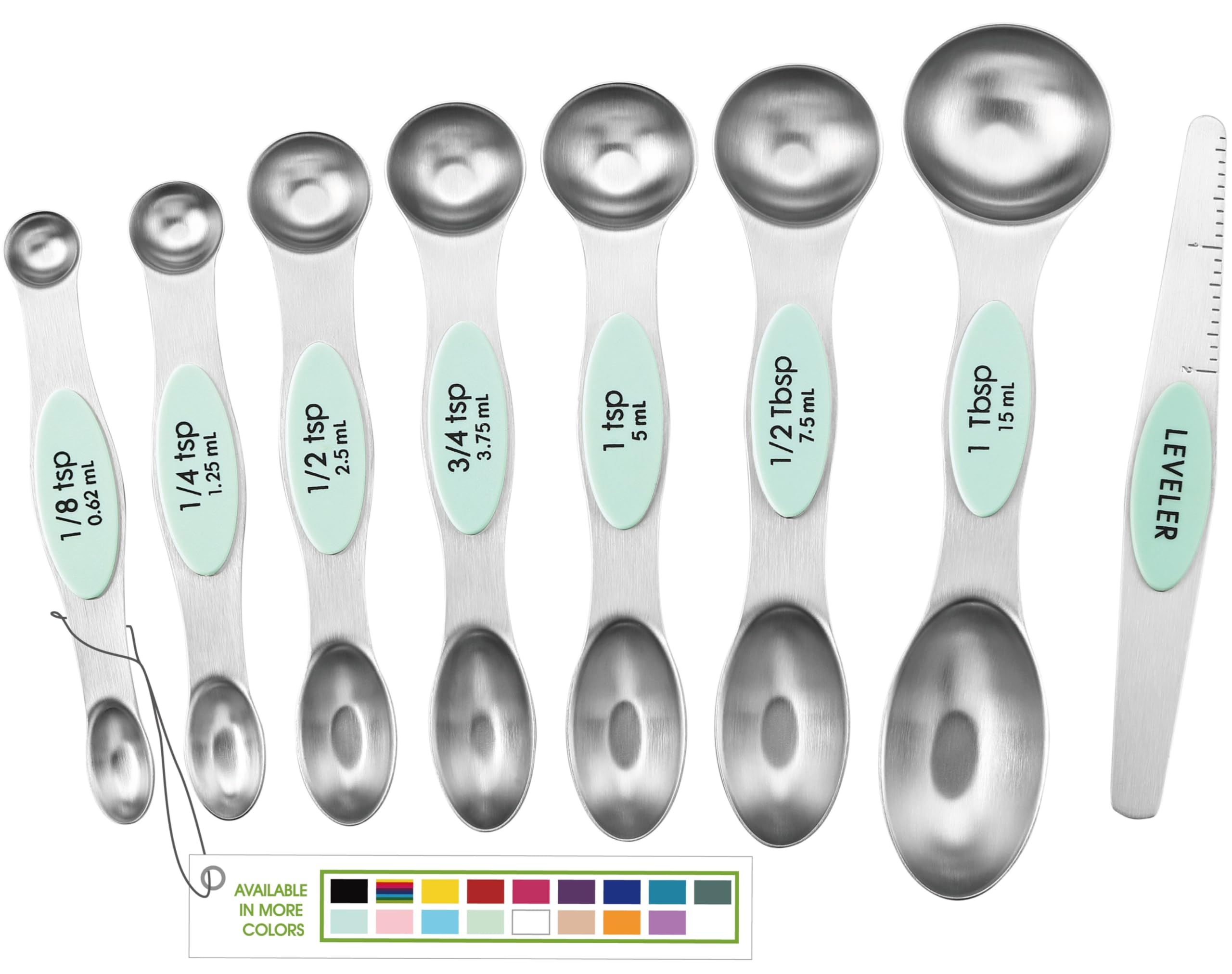 Spring Chef 8-Piece Stainless Steel Magnetic Measuring Spoons Set with Leveler - Nesting Metal Teaspoon & Tablespoon for Baking, Cooking - Fits Spice Jars (Mint) - Perfect for Home Kitchens & Professional Bakeries