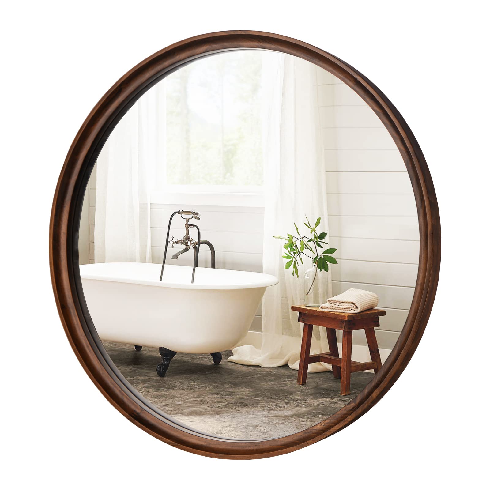 26 Inch Round Wooden Wall Mirror - Handcrafted Solid Wood Bathroom Vanity Mirror for Entryway, Living Room, Bedroom & Home Decor (Natural Brown) | Perfect for Farmhouse, Boho & Modern Interior Design Styles