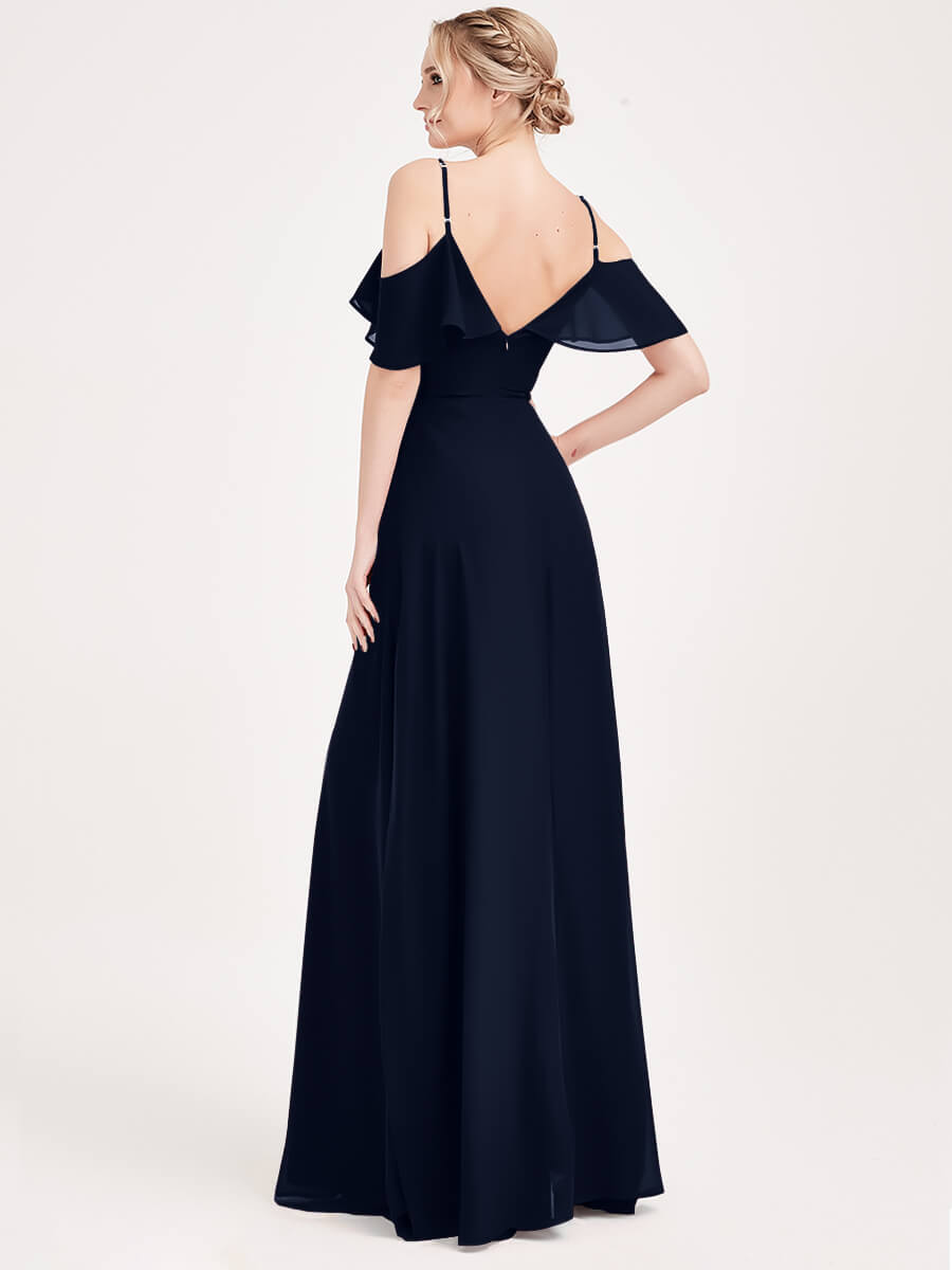 Dark Navy Chiffon Cold Shoulder Convertible Bridesmaid Dress - 3-Way Styling for Weddings, Parties & Formal Events