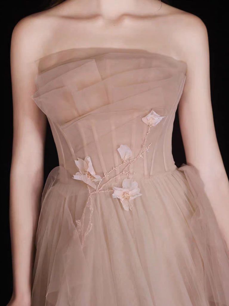 Elegant Champagne A-Line Tulle Long Prom Dress for Women - Formal Evening Gown for Homecoming, Ball & Special Occasions