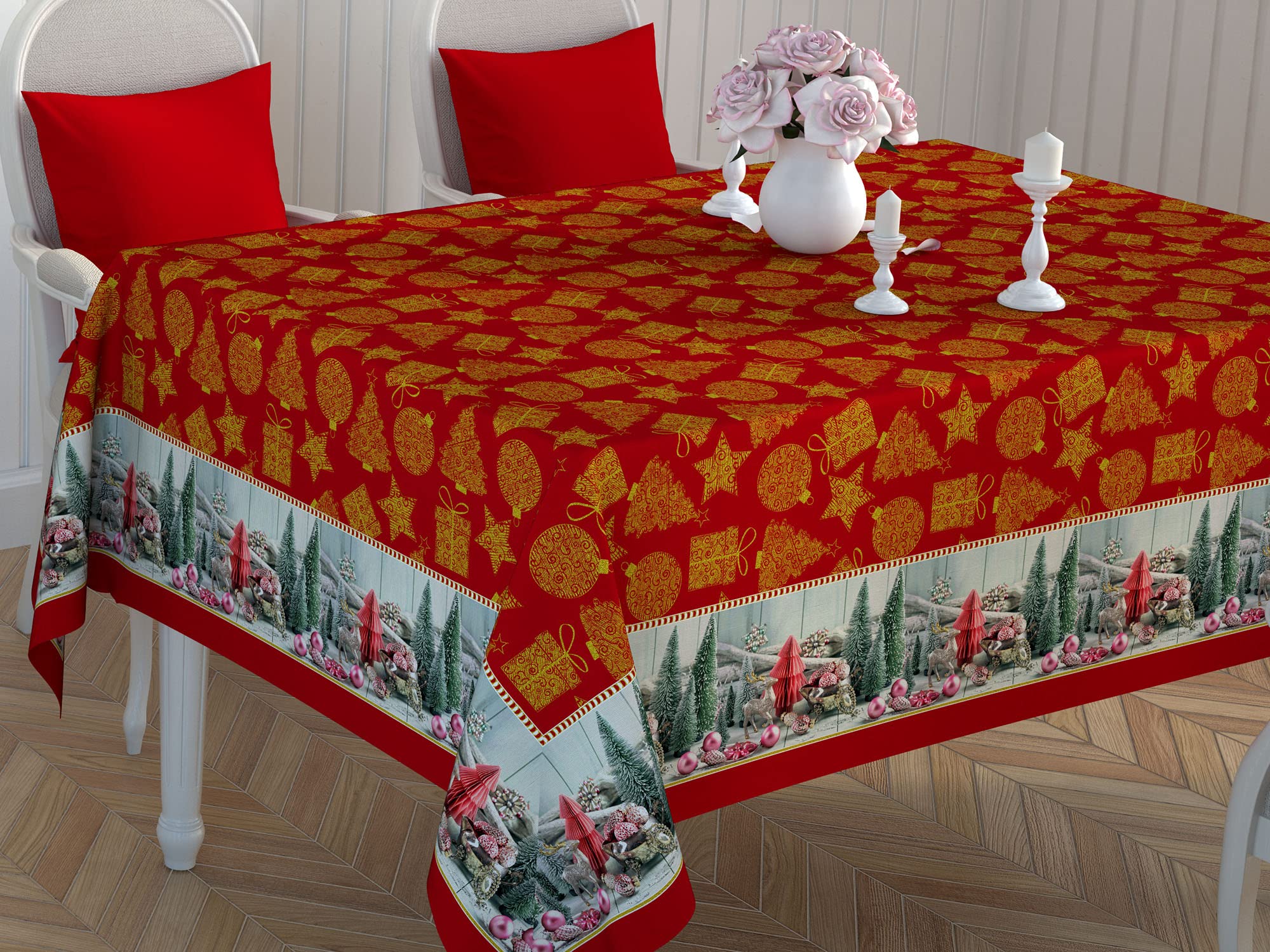 Premium 100% Cotton Christmas Tablecloth for Rectangle & Oval Tables - Italian Design Holiday Table Cover for 4-6 People - Festive Printed Tabletop Decor (55