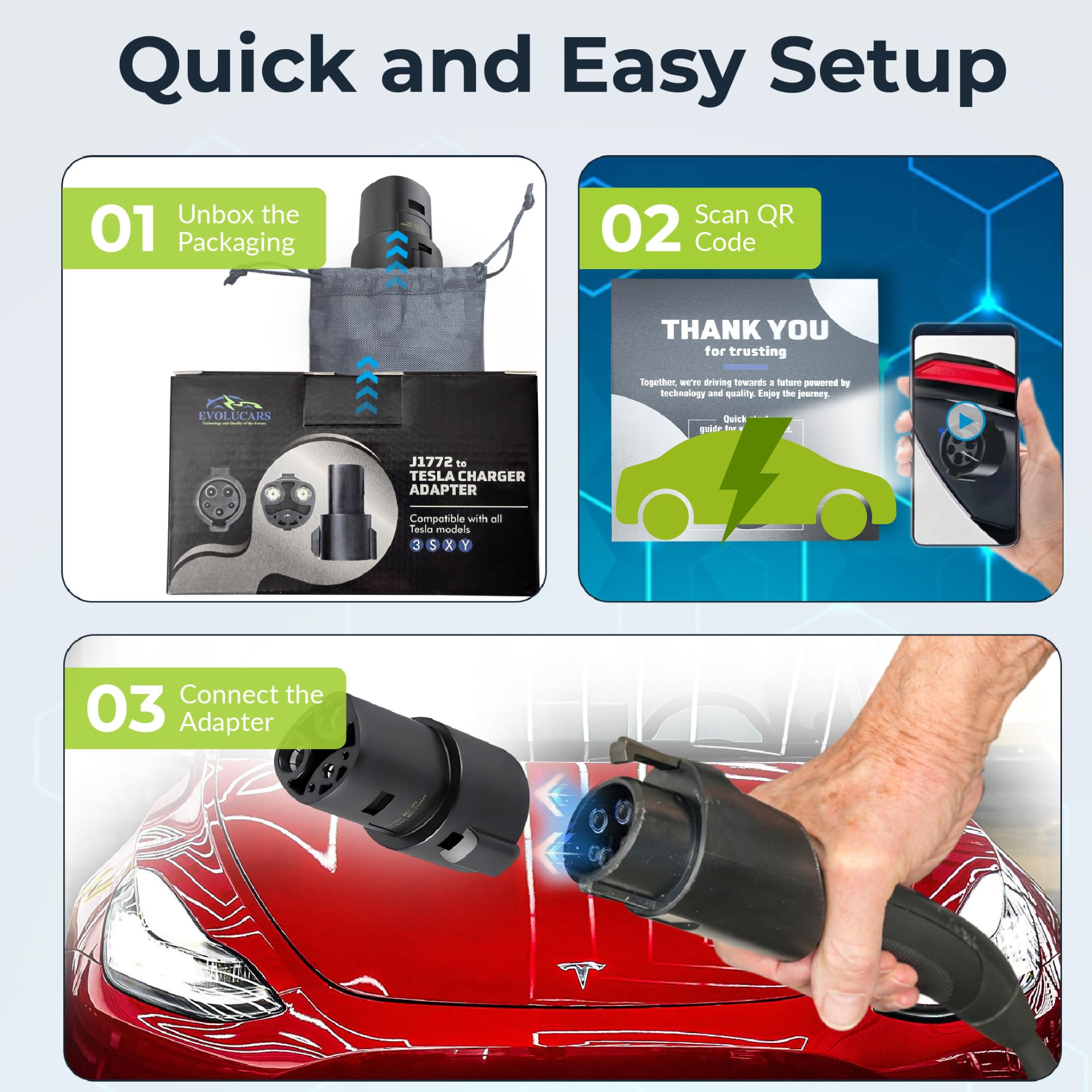 J1772 to Tesla Adapter - 4 Safety Certified EV Charger Converter for Tesla Model 3/Y/X/S with Video Tutorial & Battery Care Guide | Perfect for Home, Workplace & Public Charging Stations