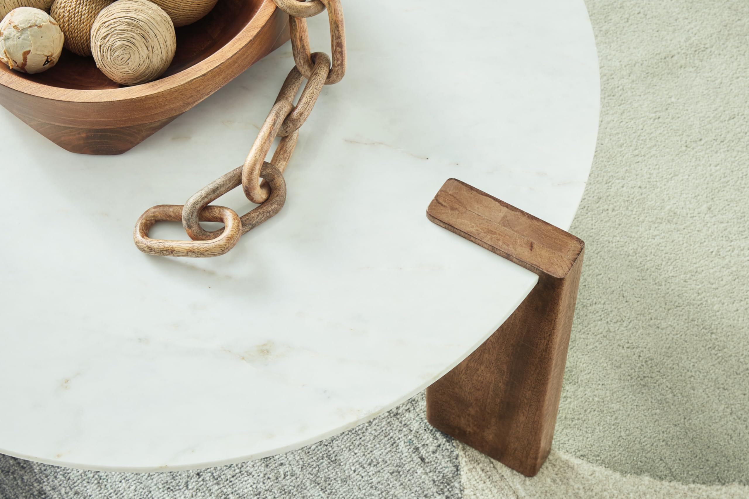 Ashley Isanti Modern Coffee Table - White & Light Brown Marble Top for Living Room