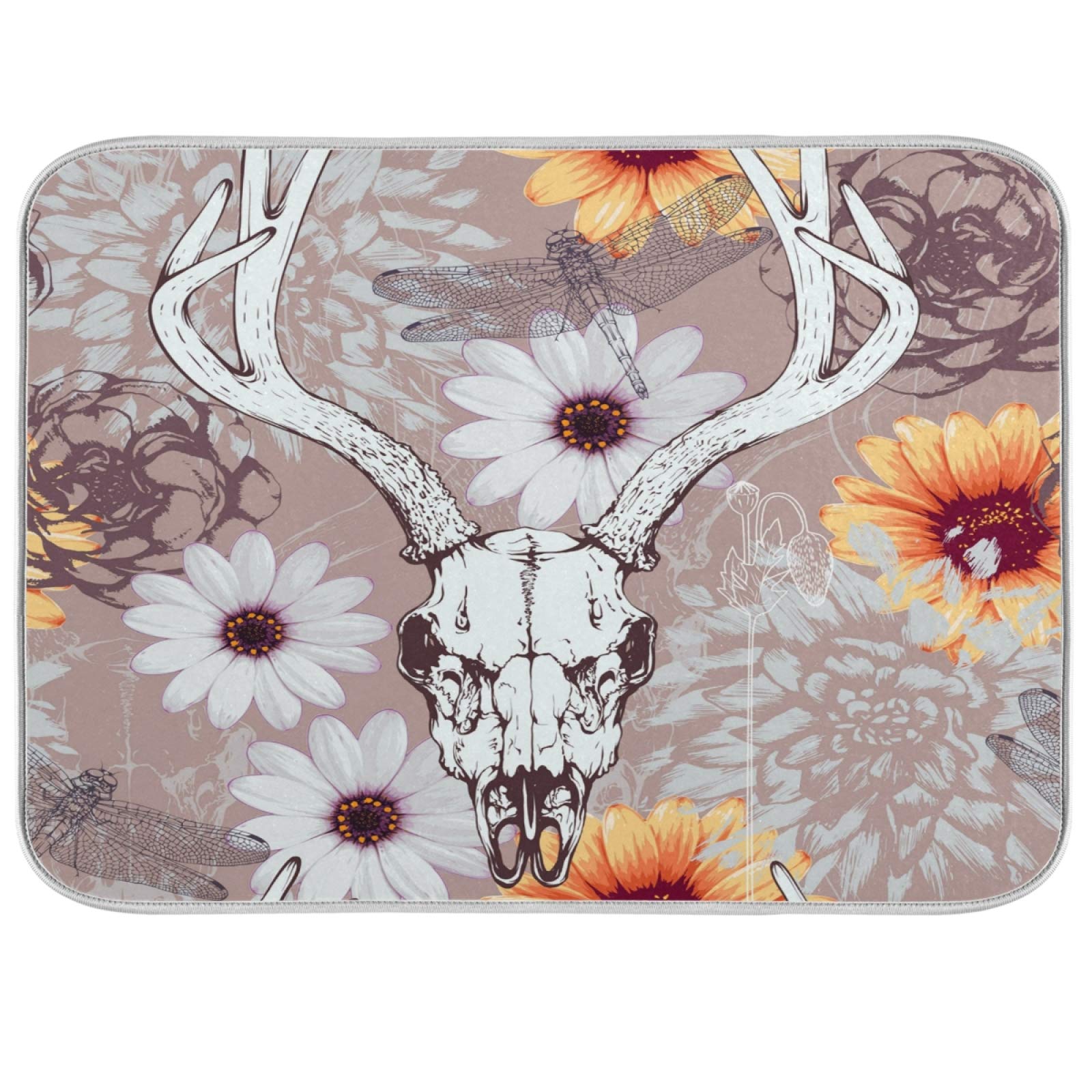 Vintage Bull Skull Dish Drying Mat - Absorbent, Washable 16x18 Inch for Kitchen Countertop & Sink
