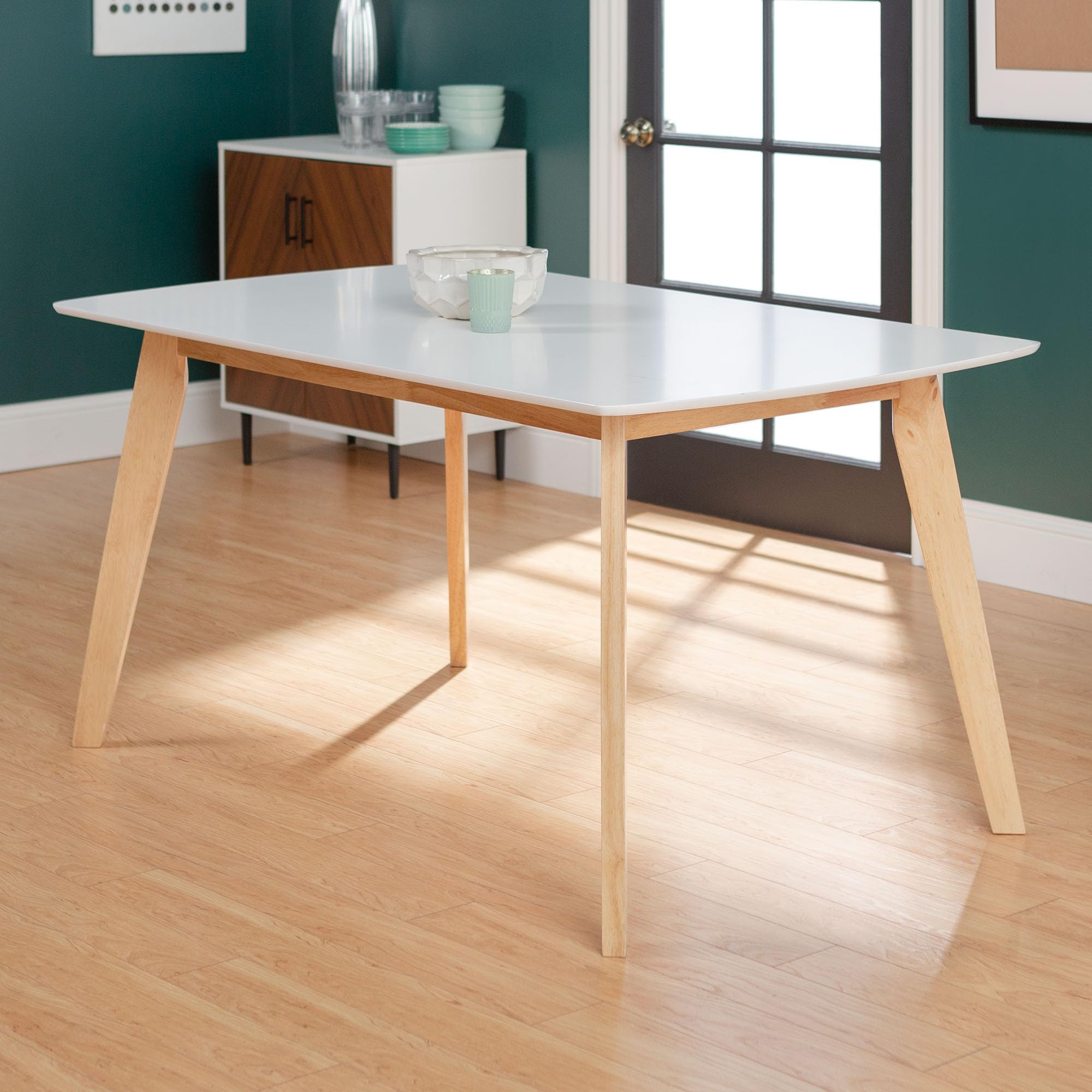 Mid Century Modern Wood Dining Table Set with 6 Chairs - 60 Inch Kitchen & Dining Room Table in White & Natural - Perfect for Family Meals, Dinner Parties & Small Gatherings