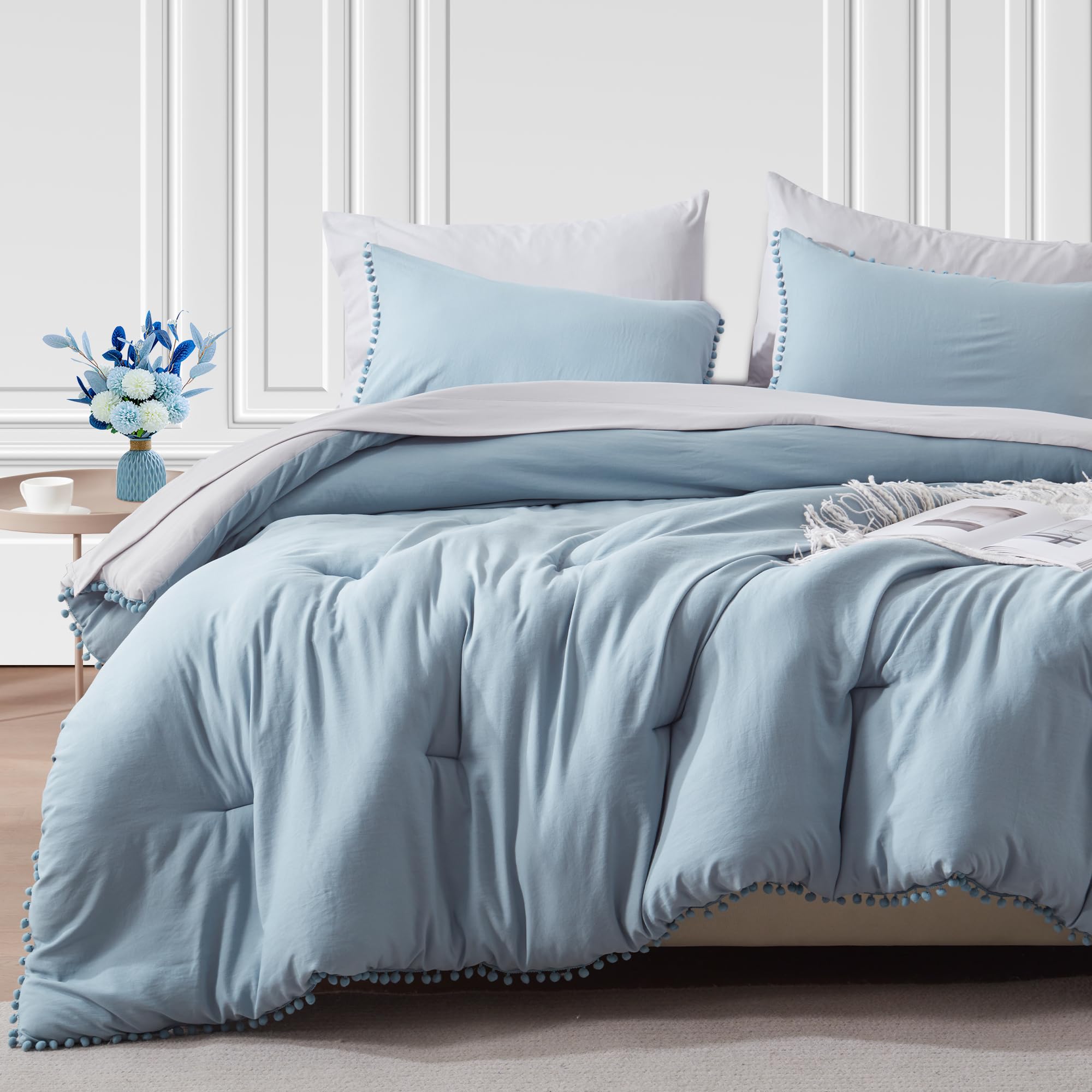 GRT 7-Piece Reversible Queen Size Comforter Set with Pom Pom Fringe - Blue Bedding Includes Comforter, Pillow Shams, Sheets & Pillowcases | Perfect for Master Bedroom, Guest Room & Cozy Home Decor