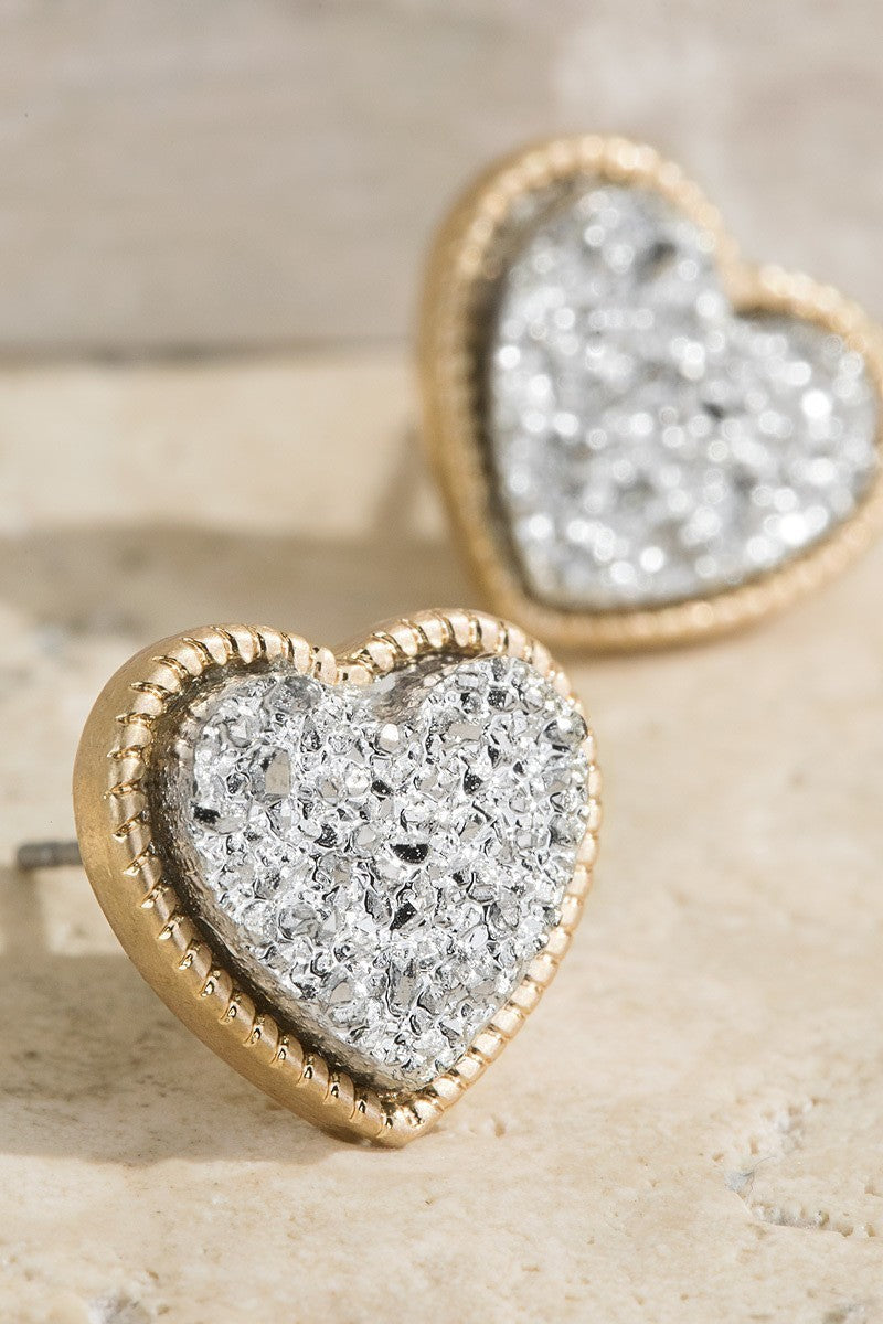 UBS023 Genuine Druzy Heart Stud Earrings in Sterling Silver - Perfect for Valentine's Day Gifts & Romantic Occasions