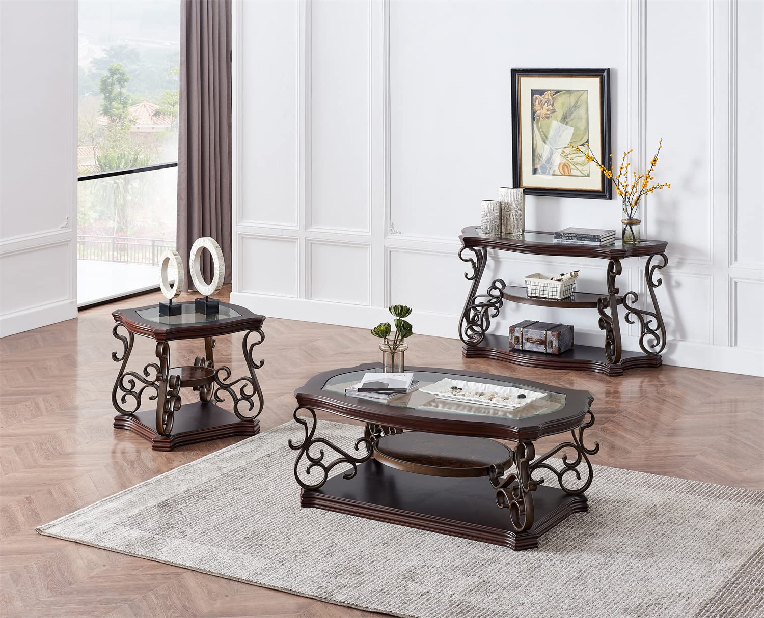 Henf Traditional Solid Wood Accent End Table - Rustic 3-Tier Side Table with Storage Shelf & Tempered Glass Top - Mid-Marble Shelf Nightstand for Living Room, Bedroom & Office Use