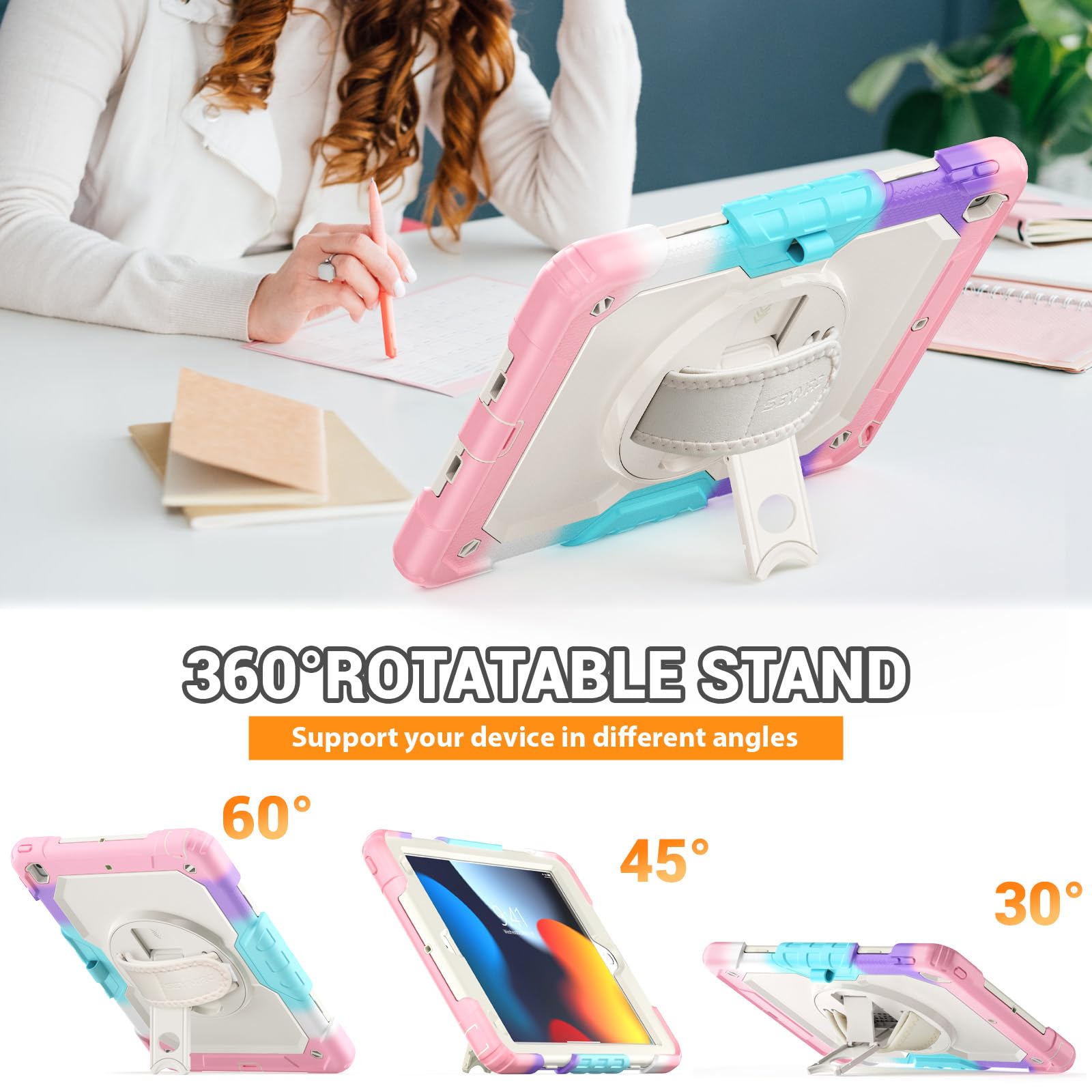 SEYMAC Shockproof Kids Case for iPad 9th/8th/7th Gen 10.2 Inch - Heavy Duty Protective Cover with Screen Protector, Rotating Stand, Handle & Shoulder Strap - Perfect for School, Travel & Learning (Pink)