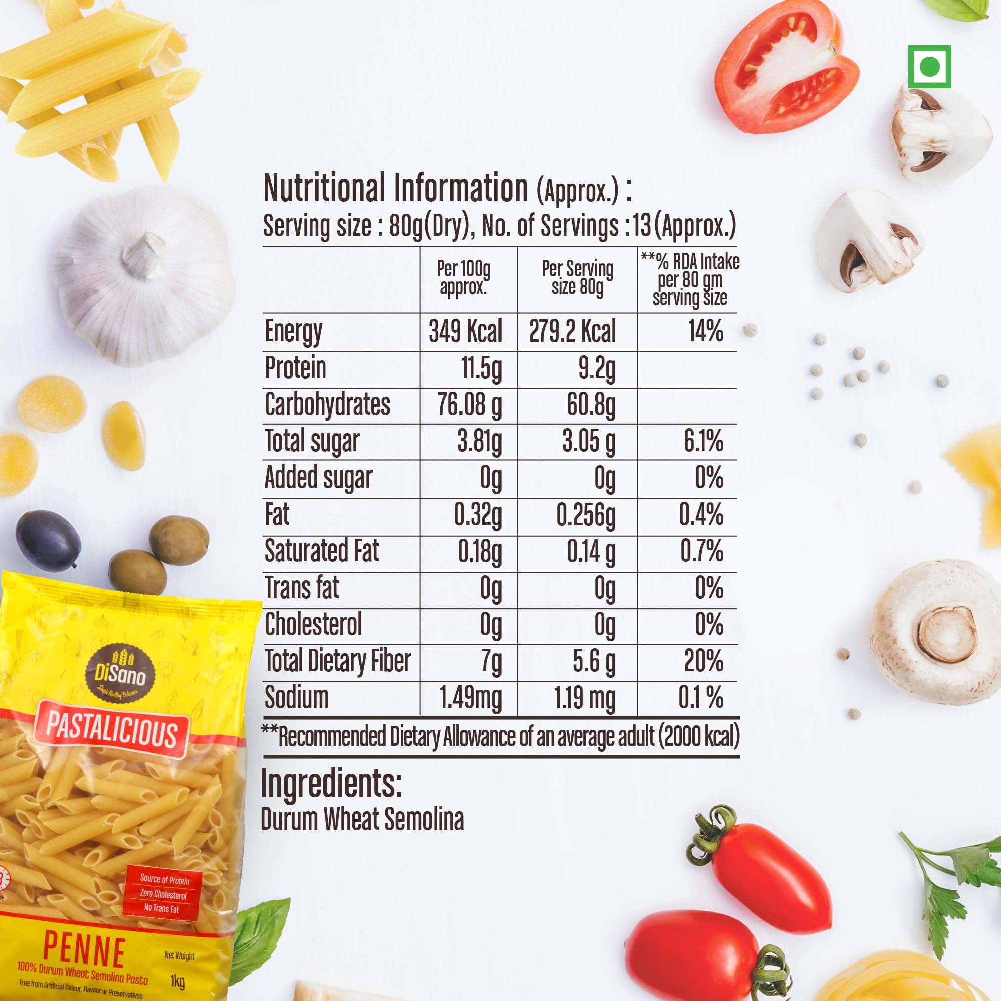 DISANO Penne Pasta 1Kg - 100% Durum Wheat, High Protein & Fiber, No Maida - Perfect for Italian Recipes, Meal Prep & Healthy Eating