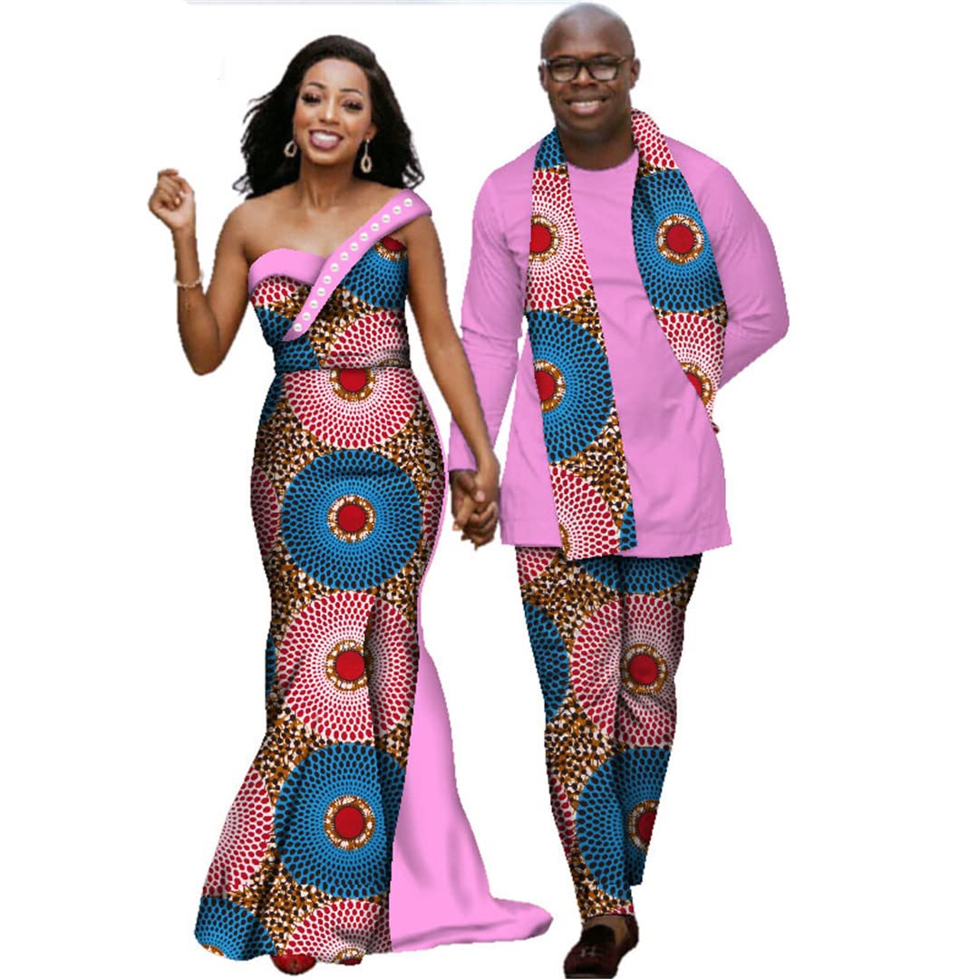 African Print Dresses for Women & Men - Matching Couple Outfits, Long Sleeve Shirt and Pants Sets - Pl536 M | Perfect for Weddings, Parties and Cultural Events