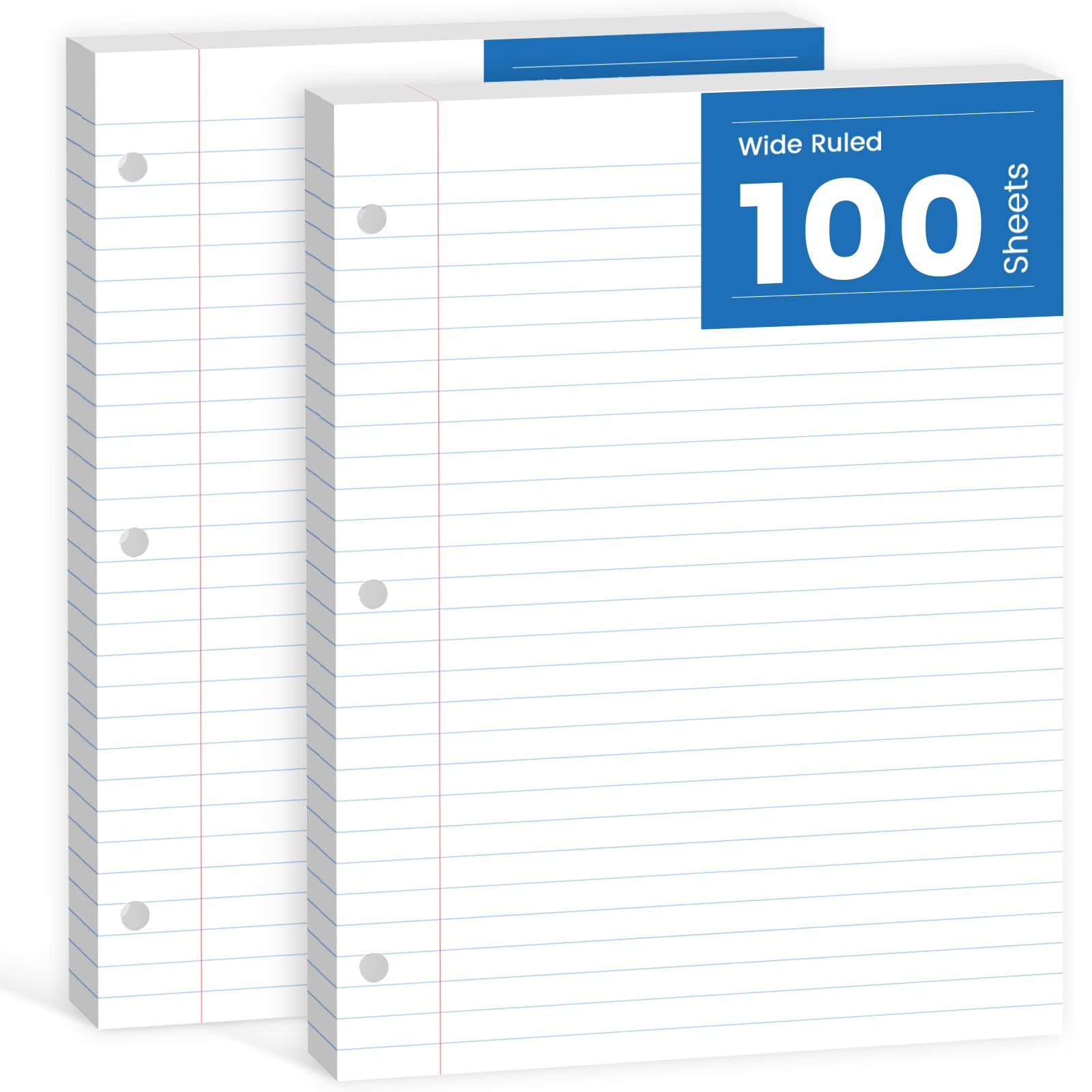 Premium 8.5 x 11 Loose Leaf Paper - 200 Sheets Wide Ruled 3-Hole Punched Binder Paper, 2-Pack (100 Sheets/Pad) for School, Office & Home Organization - Perfect for Notebooks, Binders & Study Notes