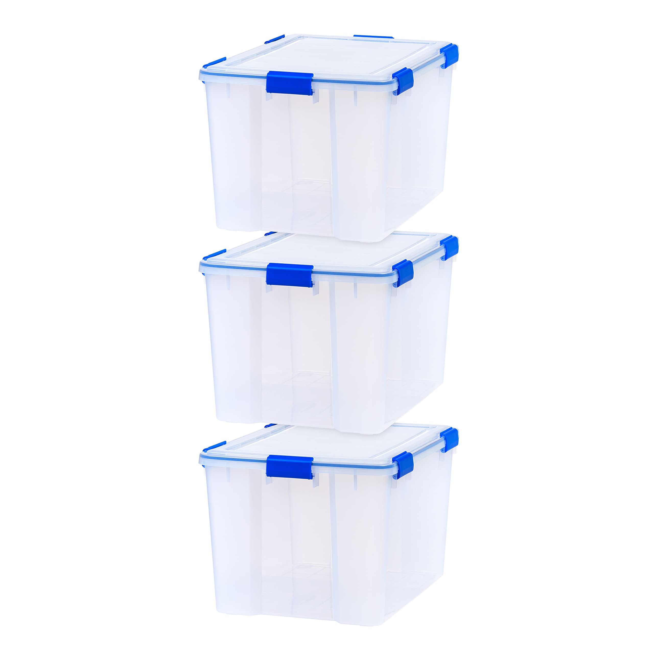 IRIS USA WeatherPro 74 Qt Storage Bins with Lids, 3-Pack BPA-Free Plastic Gasket Box - Airtight Latch & Seal, Stackable & Nestable Tote Tubs for Home Organization (Clear/Blue) - Perfect for Pantry, Garage, Closet & Seasonal Storage