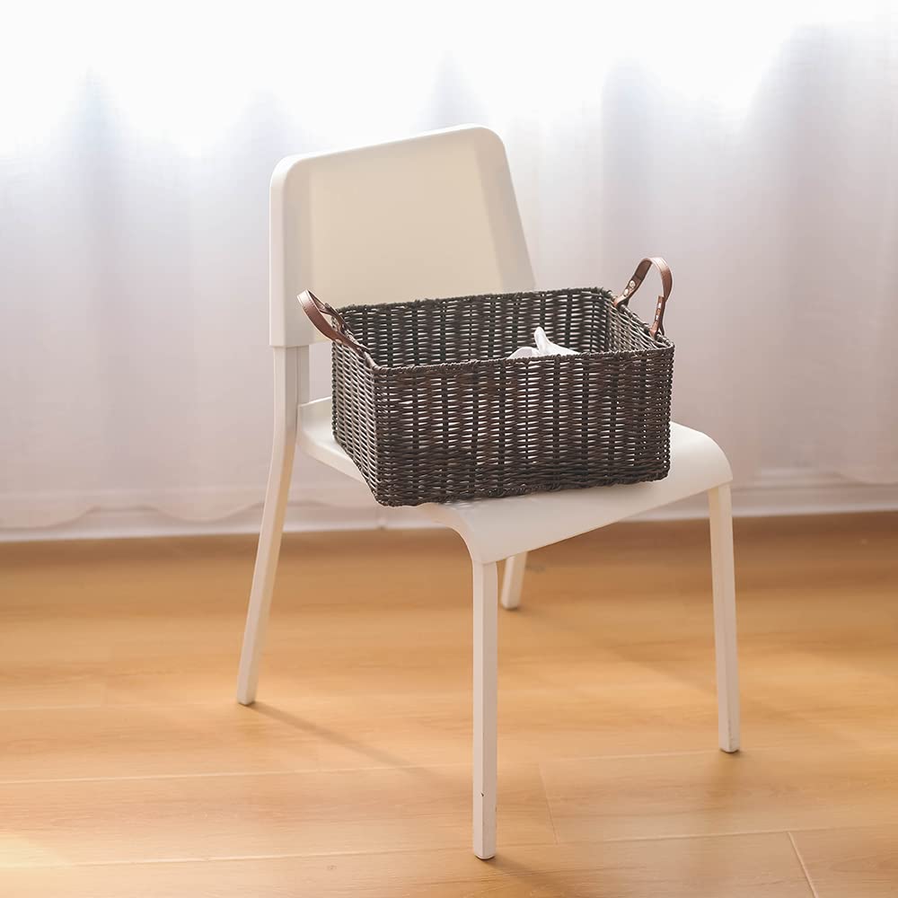 PP Tube Storage Basket with Handle - Large Brown Rectangular Home Storage Bin for Organizing