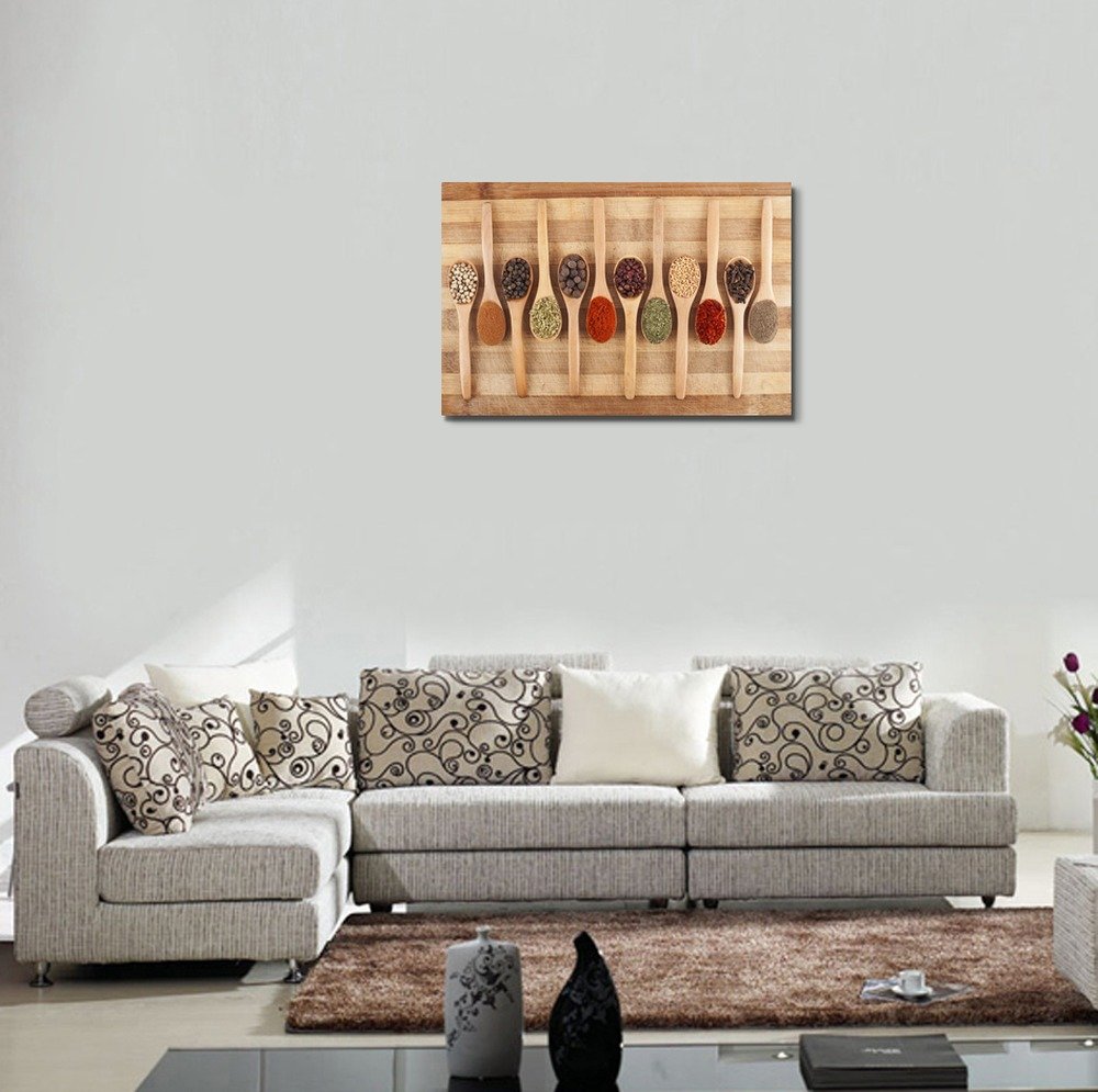 Premium Canvas Wall Art - Spice Collection on Wooden Spoons & Cutting Board | Modern Home Decor, Stretched Gallery Wrap or Framed Print | Ready to Hang 32x48 inches | Perfect for Kitchen Decor, Dining Room Art & Farmhouse Style Interiors