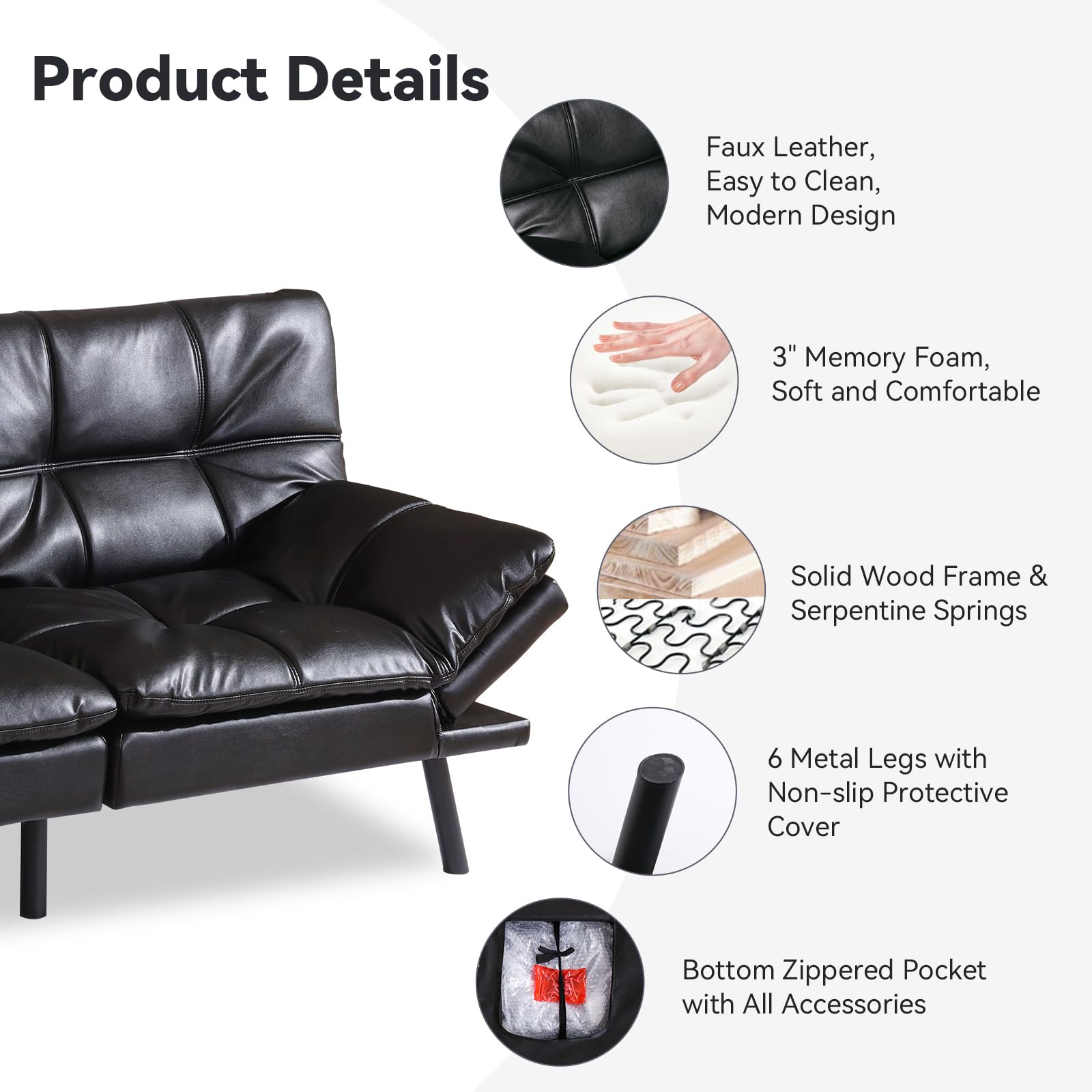Hcore Convertible Futon Sofa Bed with Memory Foam - Modern Faux Leather Loveseat Sleeper for Living Room, Office & Apartment - Dark Black (SF-267) | Perfect for Small Spaces, Guest Rooms & Studio Apartments