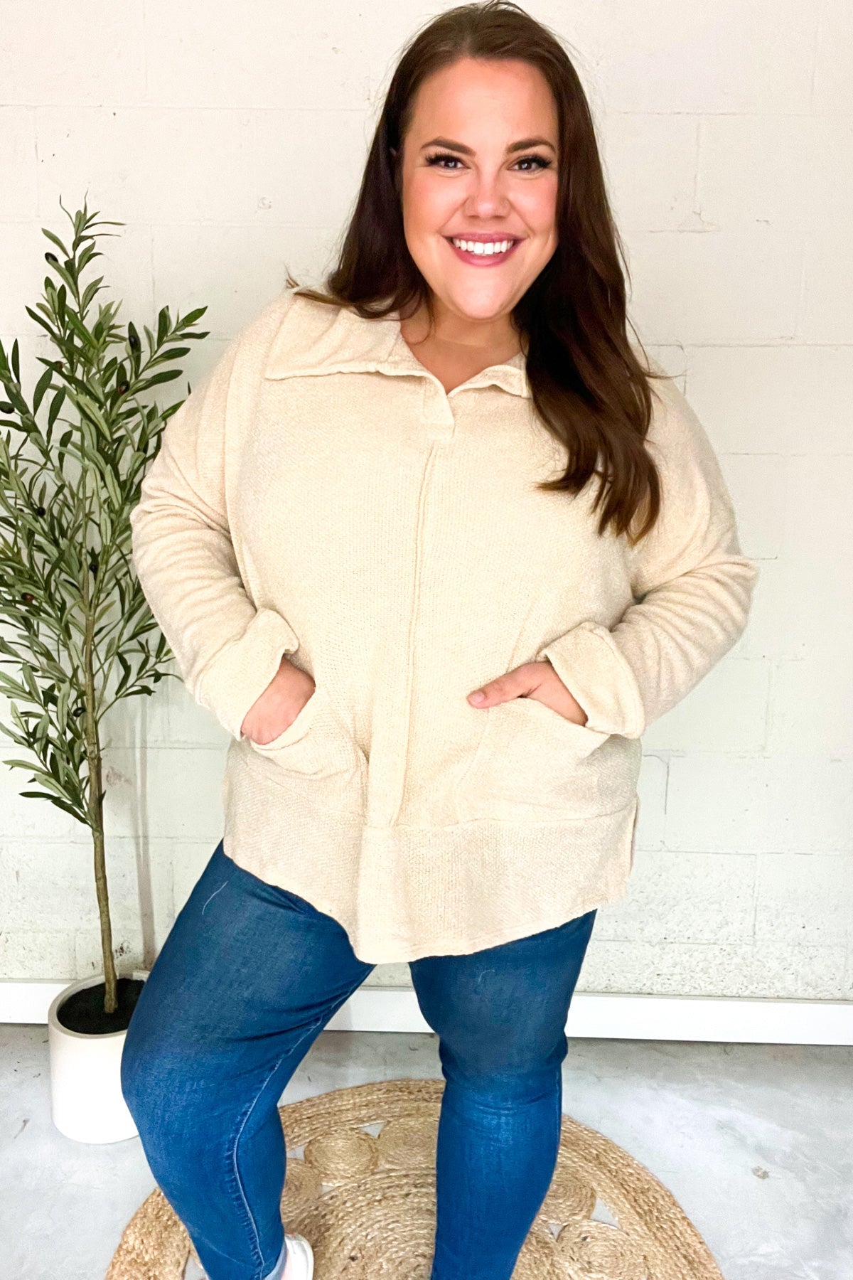 Easy Living Oatmeal Textured Knit Notch Neck Oversized Collar Sweater - Cozy Oversized Women's Knitwear for Fall & Winter | Perfect for Casual Outfits, Coffee Dates and Weekend Relaxation