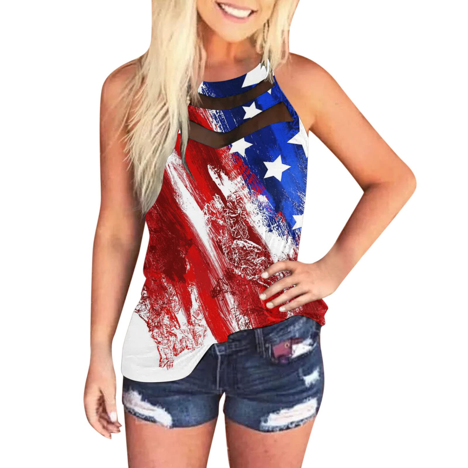 Women's Summer Tops - American Flag Print Casual Mesh Halter Blouse | Loose Round Neck Tank Top for Beach, Party & Outdoor Activities