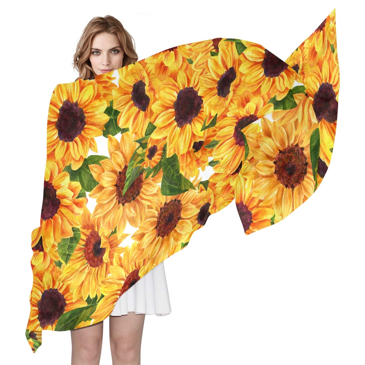 ALAZA Long Silk-Like Scarf for Women - Watercolor Sunflower Floral Print Yellow Shawl - Elegant Head Wrap & Fashion Stole - Perfect for Office, Party & Special Occasions