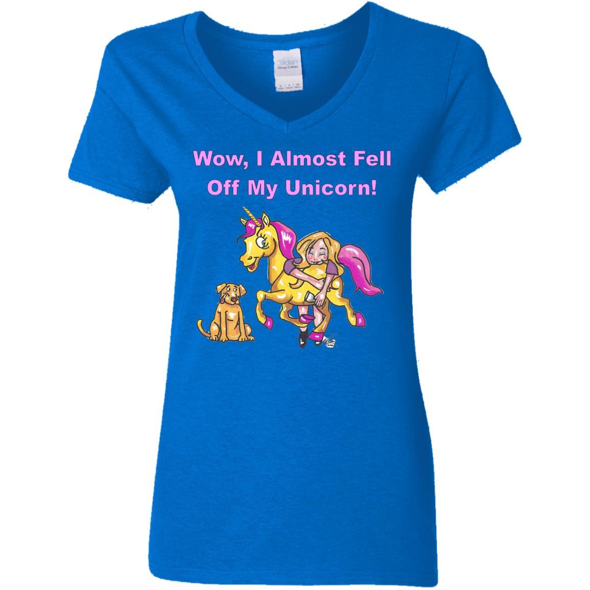 Wow I Almost Fell Off My Unicorn Women's V-Neck T-Shirt | Funny Sarcastic Graphic Tee | Perfect for Birthday Gifts & Girls Night Out