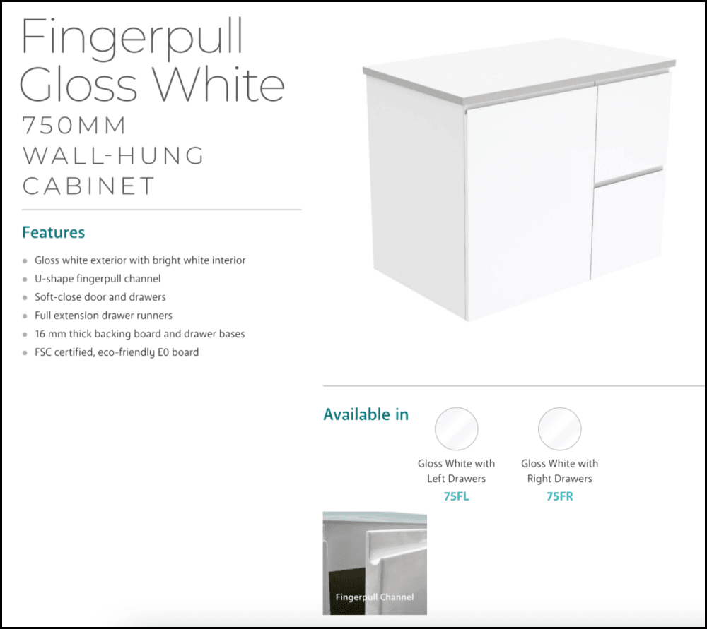 Fienza Crystal Pure SC75FL 750mm Undermount Bathroom Vanity with Stone Top - White Wall Hung Vanity Unit with Left Drawers & Fingerpull Design | Perfect for Modern Bathrooms, Powder Rooms & Small Spaces