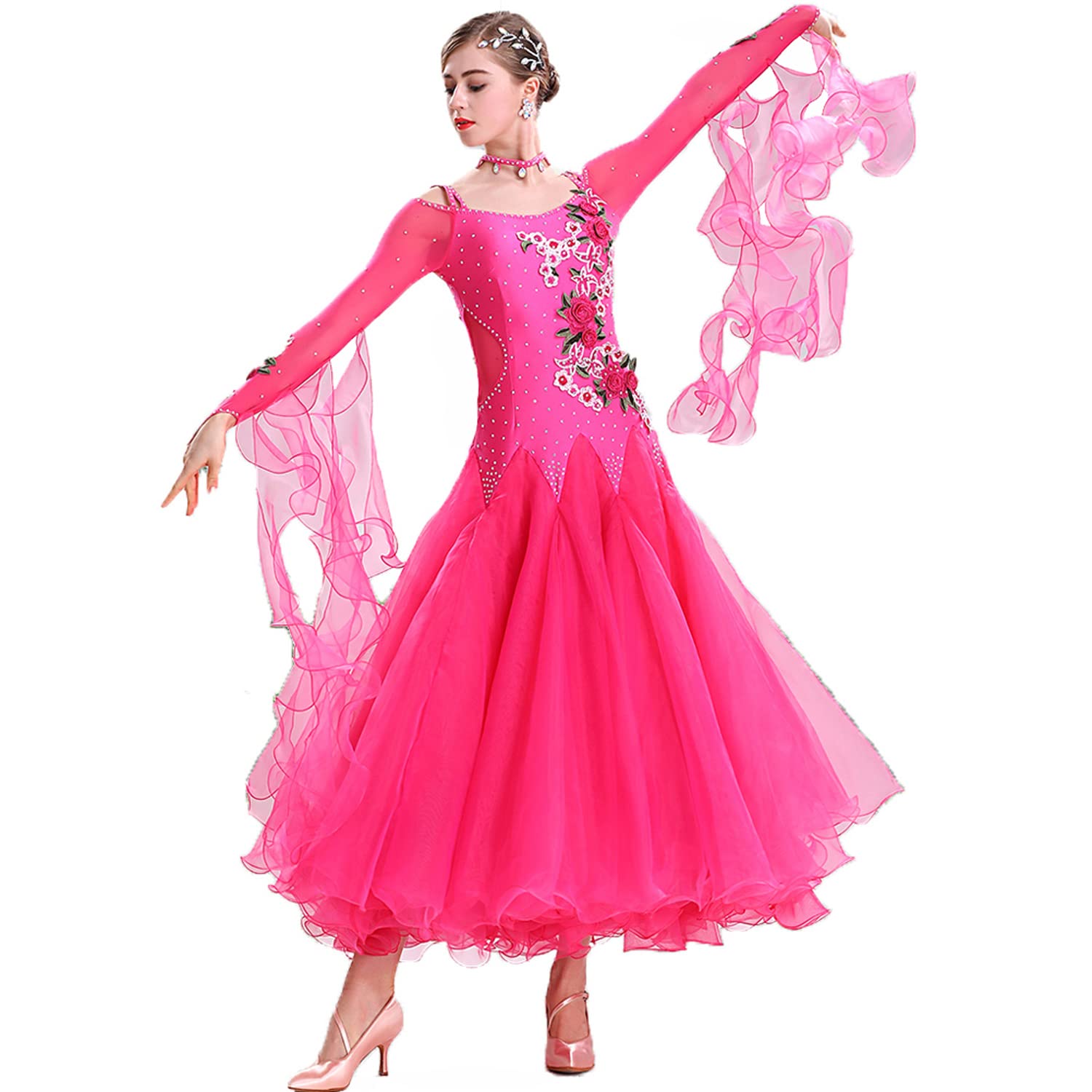 Professional Ballroom Dance Dress for Women - Elegant Flamenco Waltz Competition Costume with Tulle Big Swing Skirt | Performance, Stage Show, Latin Dance Outfit