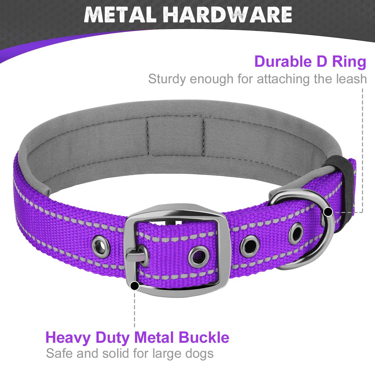 Joytale Adjustable Neoprene Padded Dog Collar - Reflective Heavy Duty Pet Collar with Metal Buckle for Medium Dogs - Purple Size M - Perfect for Walking, Training & Outdoor Adventures