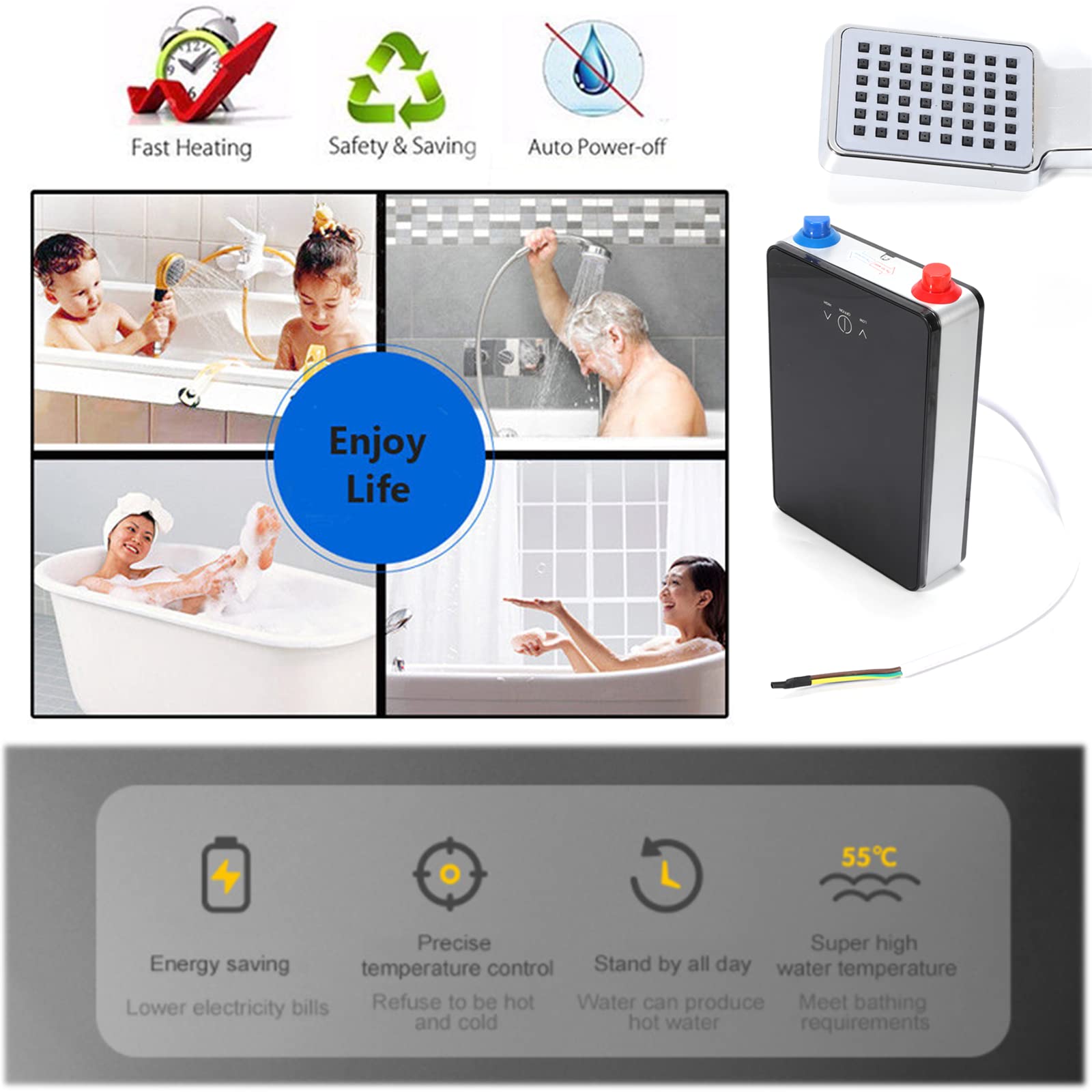 6500W 220V Electric Mini Tank Water Heater - Large Digital Display, Instant Hot Water, Touch Control - Perfect for Bathroom, Kitchen & Small Spaces (Black) - Fast Heating for Hand Washing, Showering & Dish Cleaning