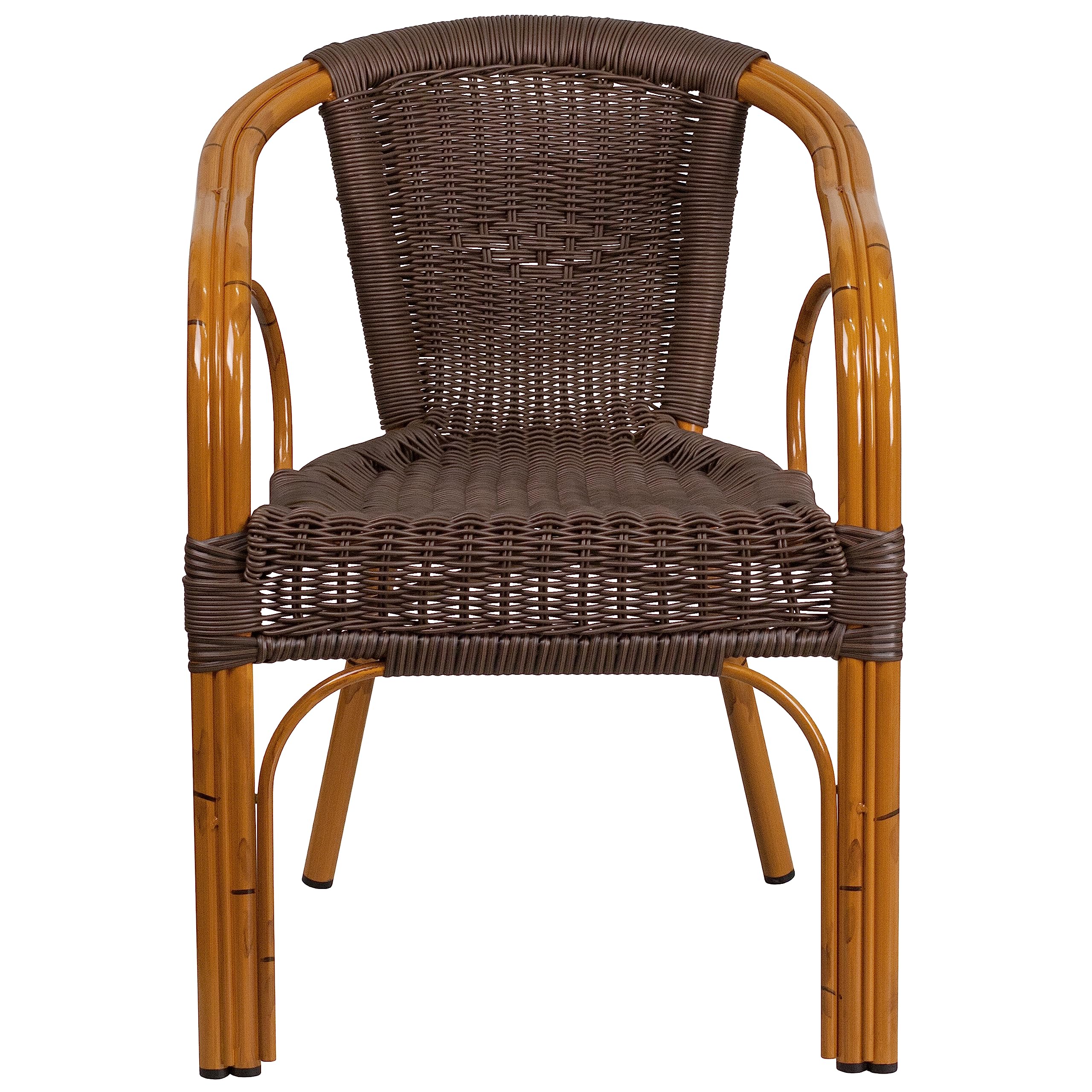 Dark Brown Rattan Patio Chair with Red Bamboo-Aluminum Frame - Outdoor Dining, Poolside Lounge, Garden Relaxation - Weather-Resistant Wicker Furniture
