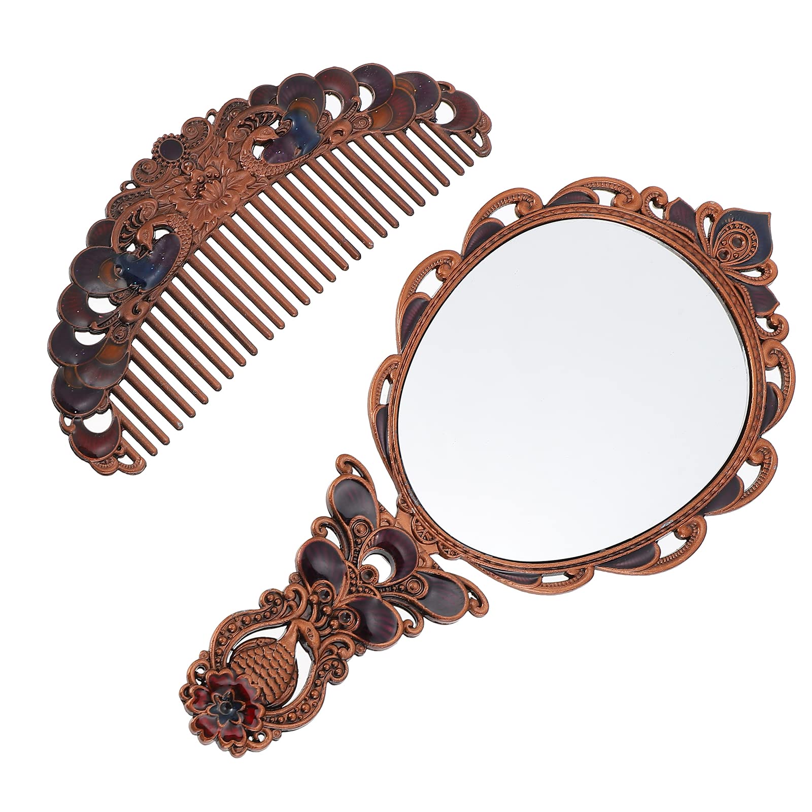 Amosfun Vintage Handheld Mirror and Comb Set - Portable Makeup Mirror with Unique Design for Travel, Home, and Salon Use