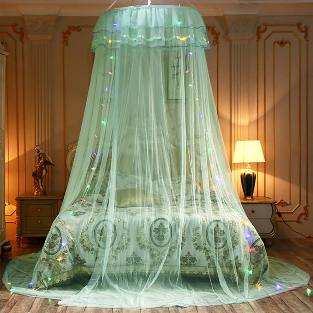 Elegant Round Dome Bed Canopy with LED Lights - Mosquito Net Curtain for Queen/King Beds, Breathable Mesh Bed Tent in Green - Perfect for Bedroom Decor, Romantic Nights & Outdoor Camping