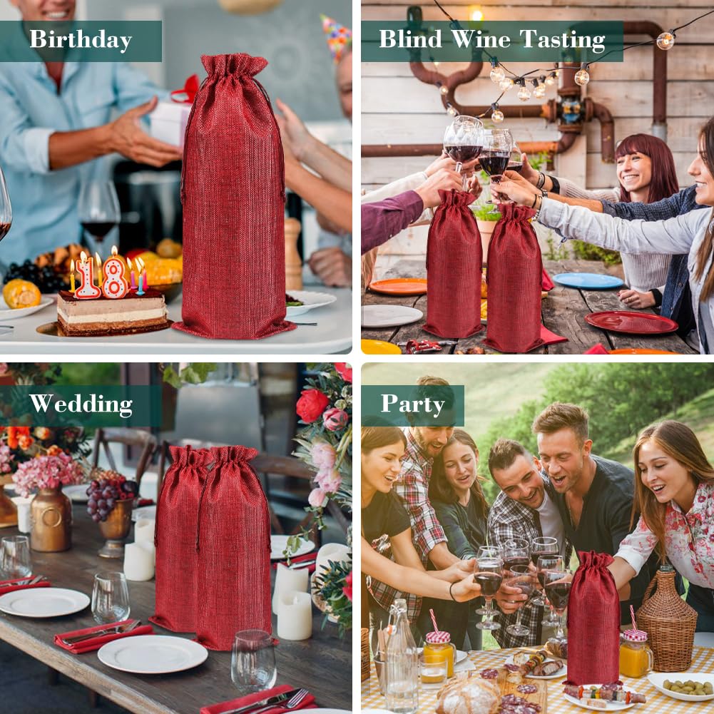 Shintop 10-Pack 1.5L Jute Wine Gift Bags with Drawstring - 16 x 6.7 Inch Natural Hessian Bottle Bags for Wine, Champagne & Liquor - Perfect for Weddings, Parties & Holiday Gifting (Red)