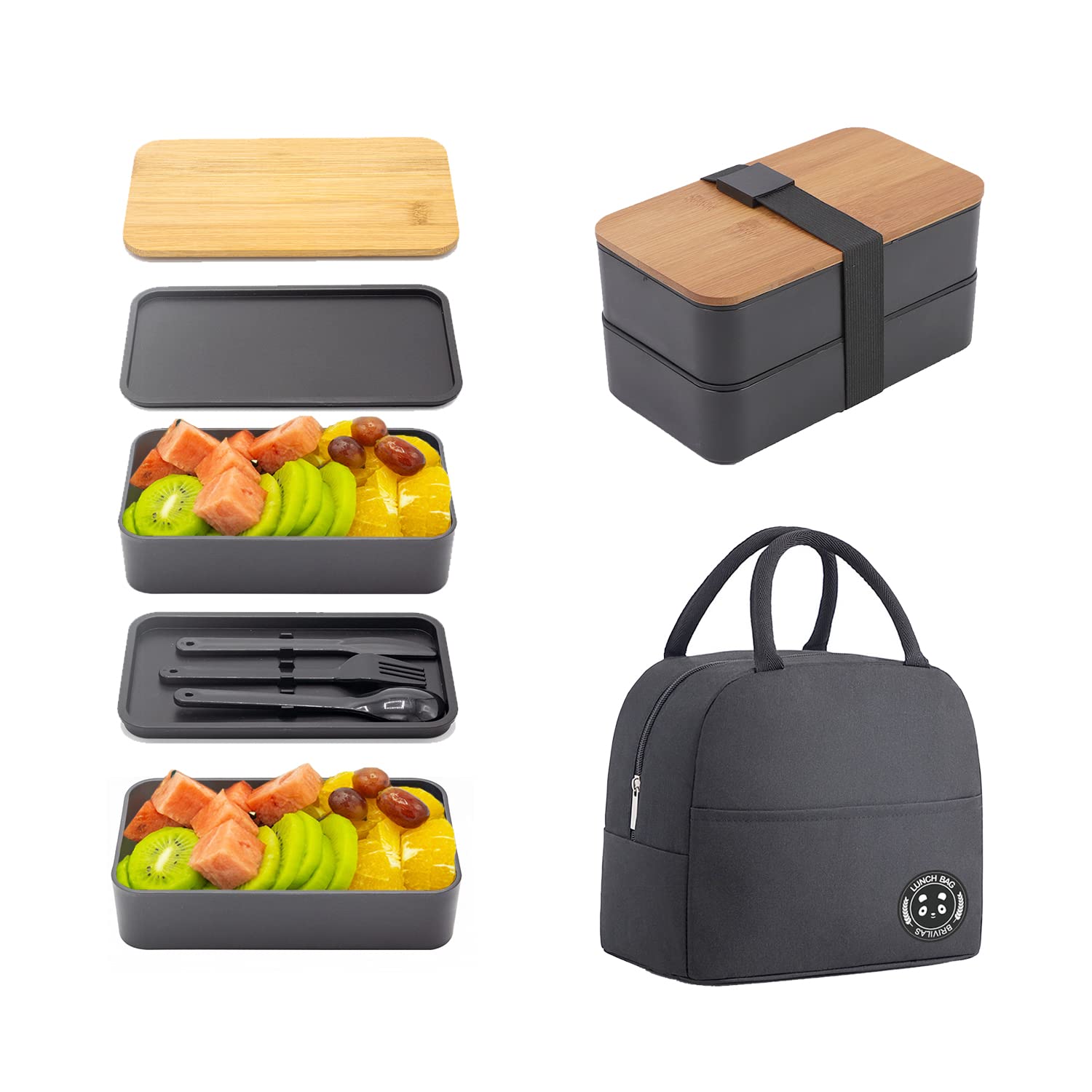 Japanese Bento Box - 2 Tier Insulated Lunch Box with Bamboo Cutting Board Lid, Utensil Set & Dividers | Leakproof Meal Prep Container for Kids & Adults | Perfect for Office, School & Picnics (Black)