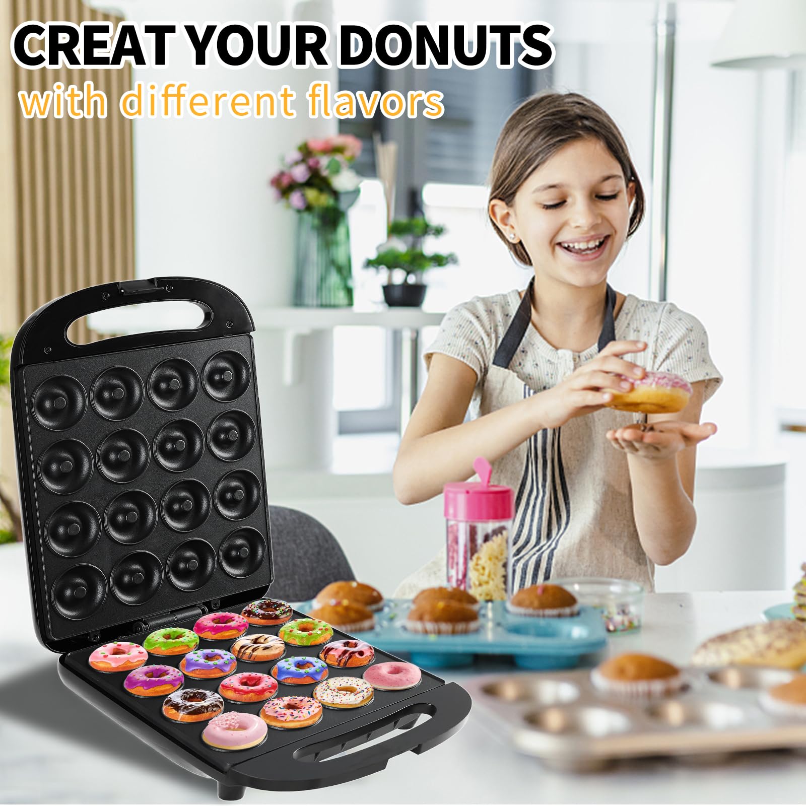 Mini Donut Maker Machine - Non-Stick Surface, Makes 16 Doughnuts | Perfect for Kids Breakfast, Snacks, Desserts & Baking Gifts | Great for Family Fun, Birthday Parties & Holiday Treats