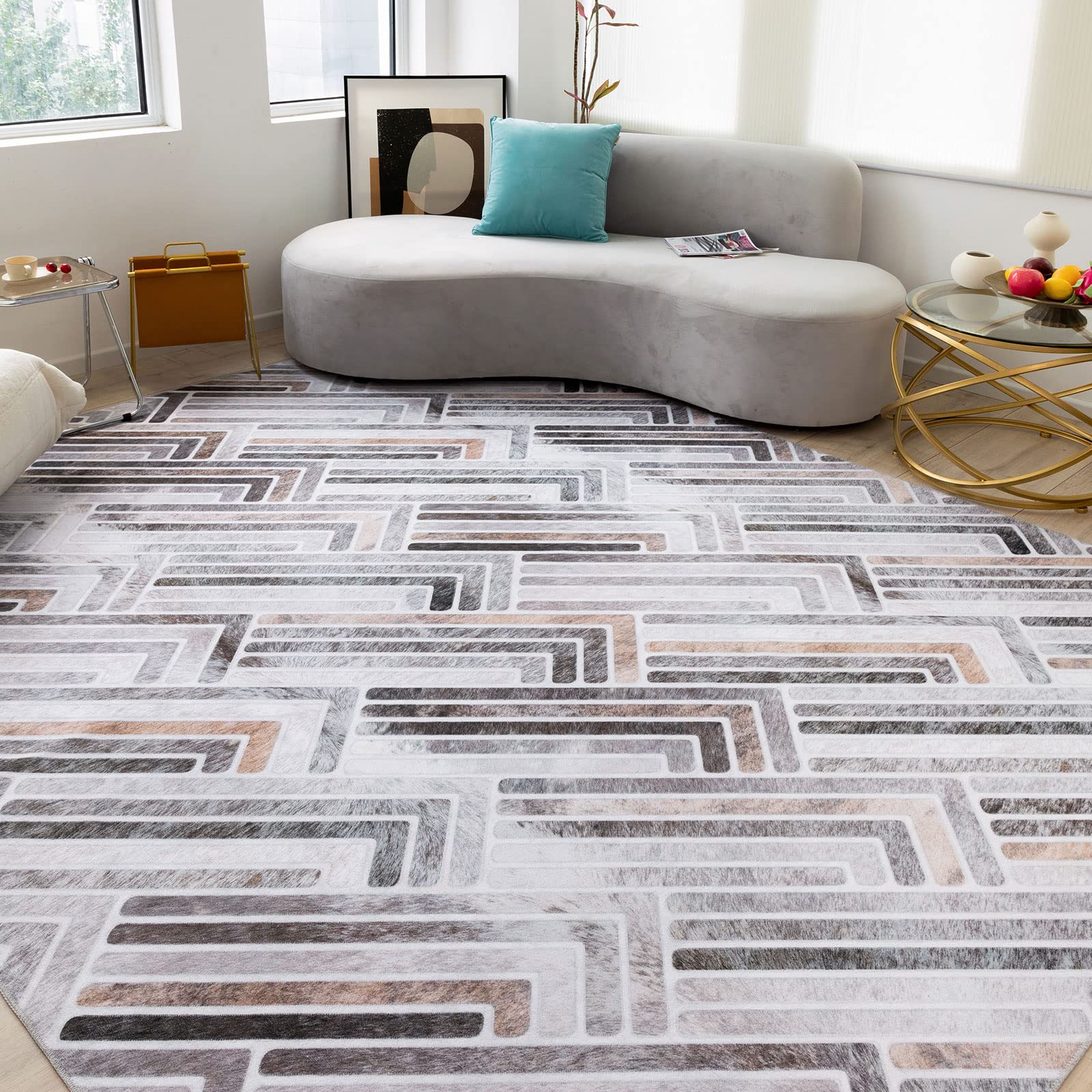 DECOMALL Washable Area Rugs - Modern Geometric Faux Cowhide Patchwork Rug - 9x12ft Large Carpet for Living Room, Bedroom, Office - Non-Slip, Pet Friendly & Easy to Clean - Perfect for Home Decor, Dorm, and High Traffic Areas