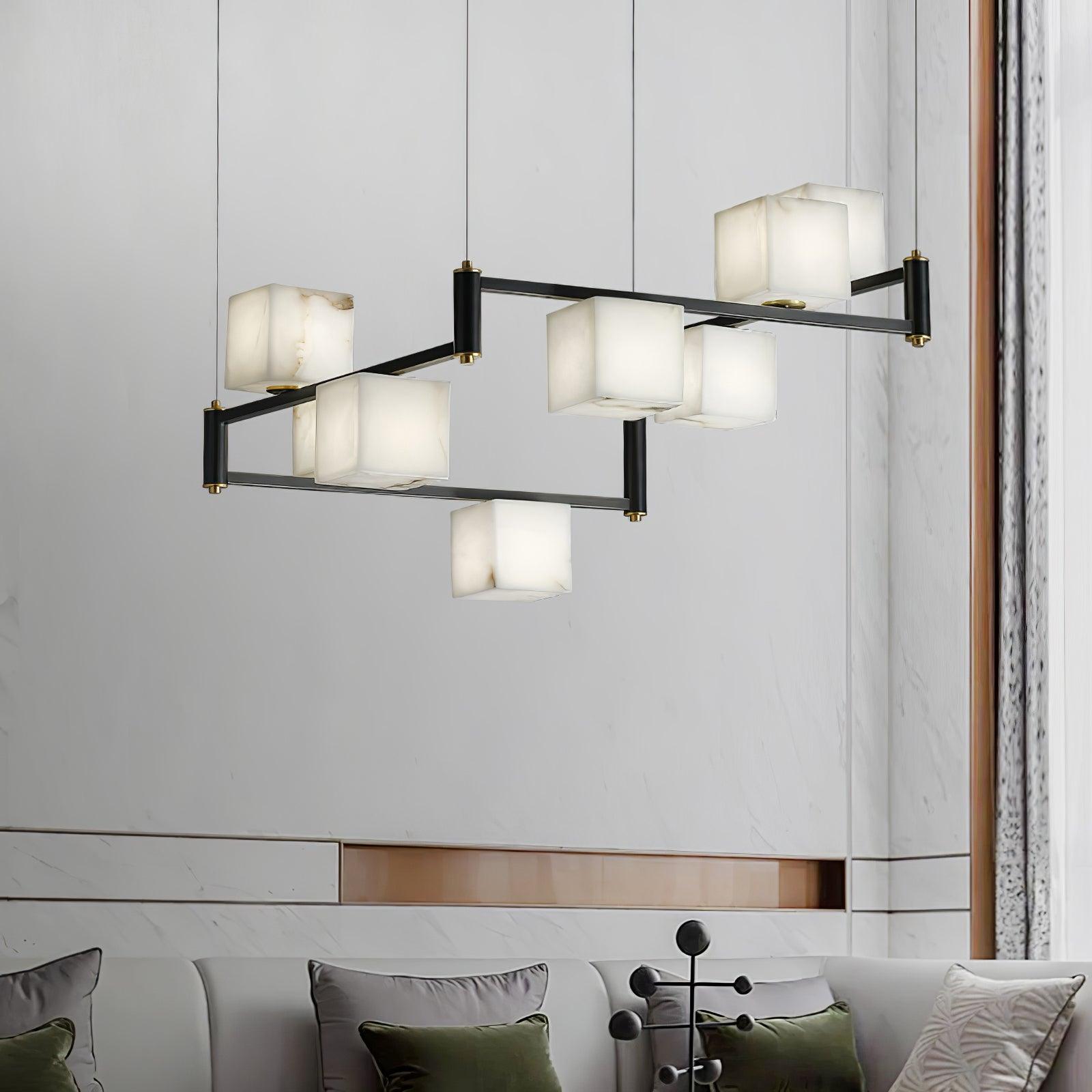 Modern Alabaster Square Box Chandelier - Elegant Ceiling Light Fixture for Dining Room, Living Room & Bedroom Lighting