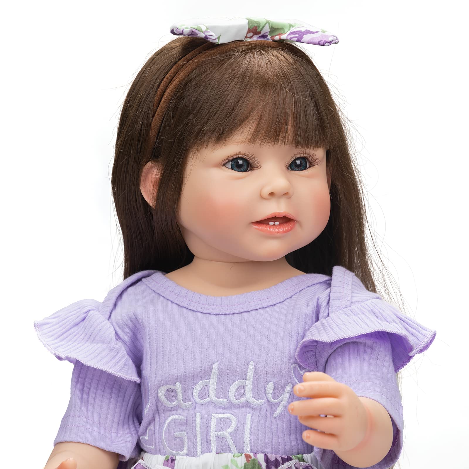 22 Inch Realistic Reborn Baby Doll - Lifelike Full Vinyl Silicone Girl with Teeth, Long Hair, Handcrafted & Washable - Perfect for Collectors, Gift Giving & Role Play (Girls Toddler Simulation Toy)