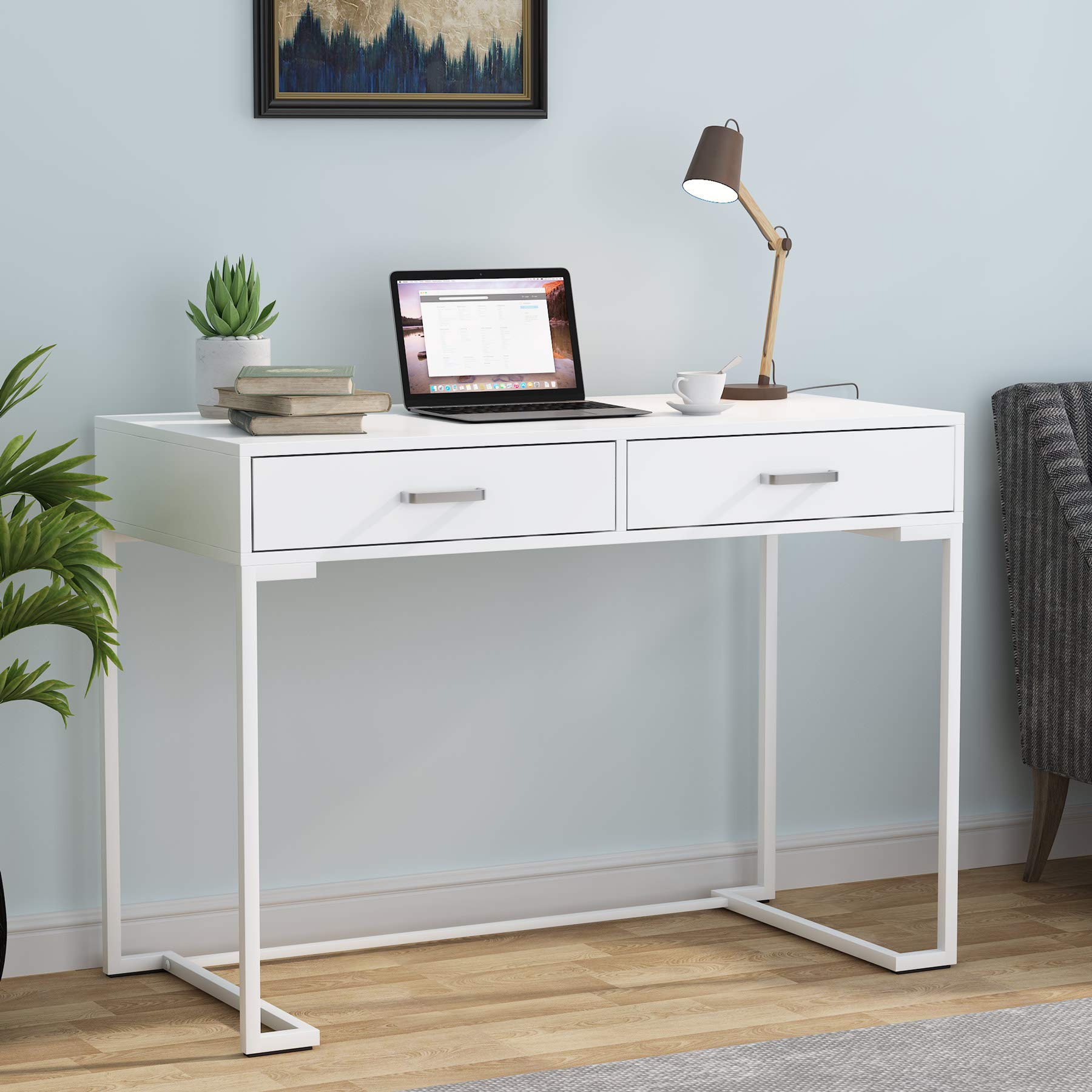 Tribesigns 40 Inch White Computer Desk with 2 Drawers - Modern Simple Study Desk & Makeup Vanity Table for Small Spaces - Perfect for Home Office, Bedroom, Dorm Room & Workspace Organization