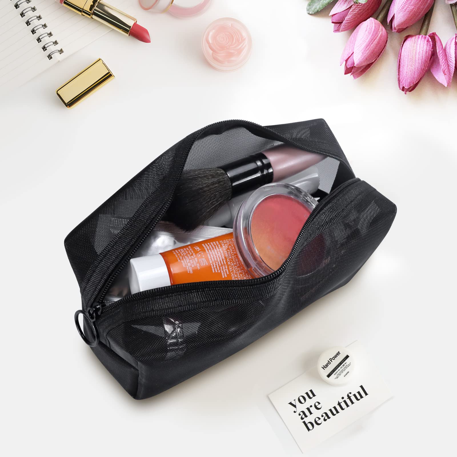 3Pcs Mesh Makeup Bags Set - Lightweight Travel Cosmetic Organizer with Zipper for Women & Men - Small Medium Large Toiletry Pouches for Home, Office, Gym & Vacation Accessories (Black) - Perfect for Makeup Brushes, Skincare Essentials & Travel Toiletries