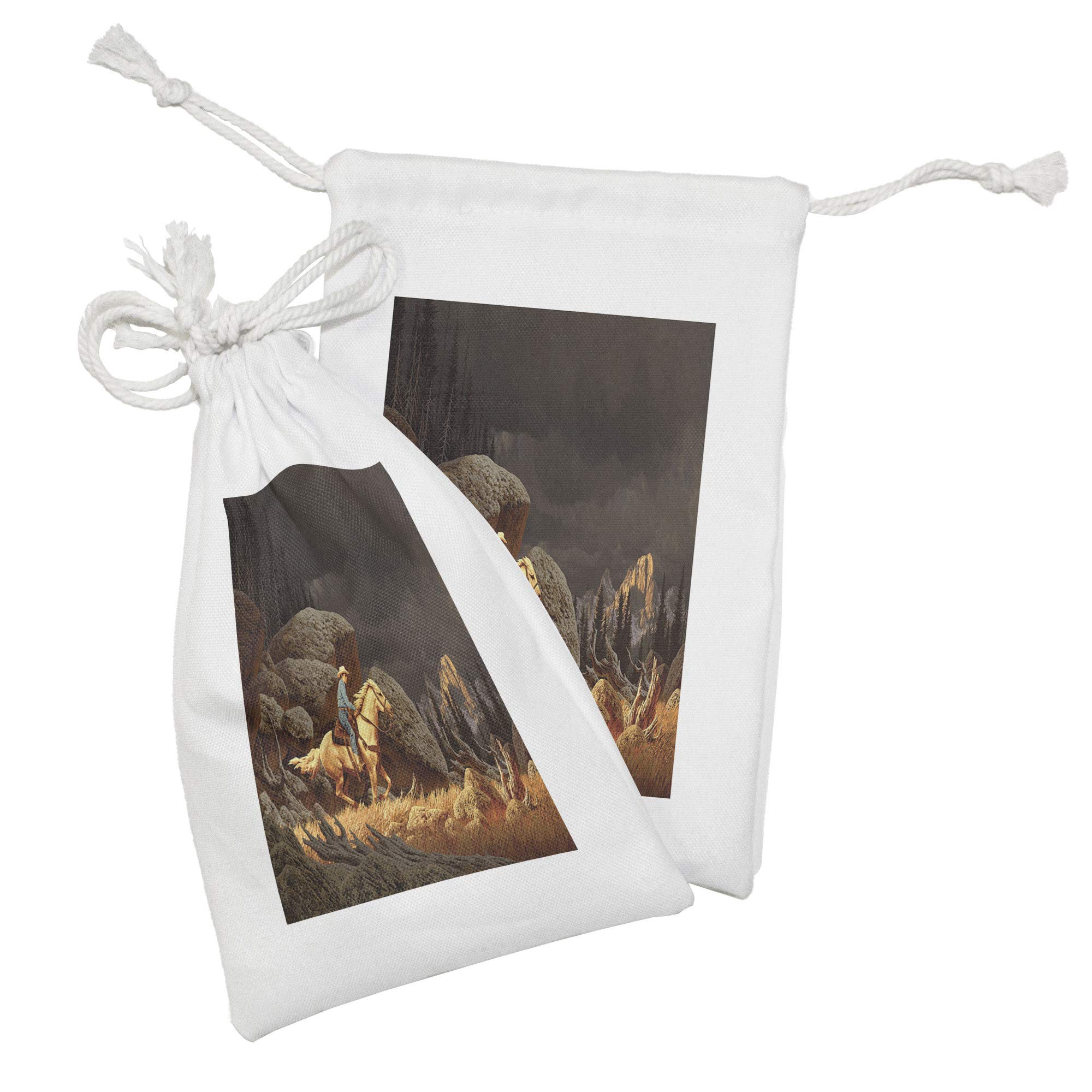 Ambesonne Western Fabric Pouch Set of 2 - Cowboy Riding Horse & Mountain Landscape Drawstring Bags (9