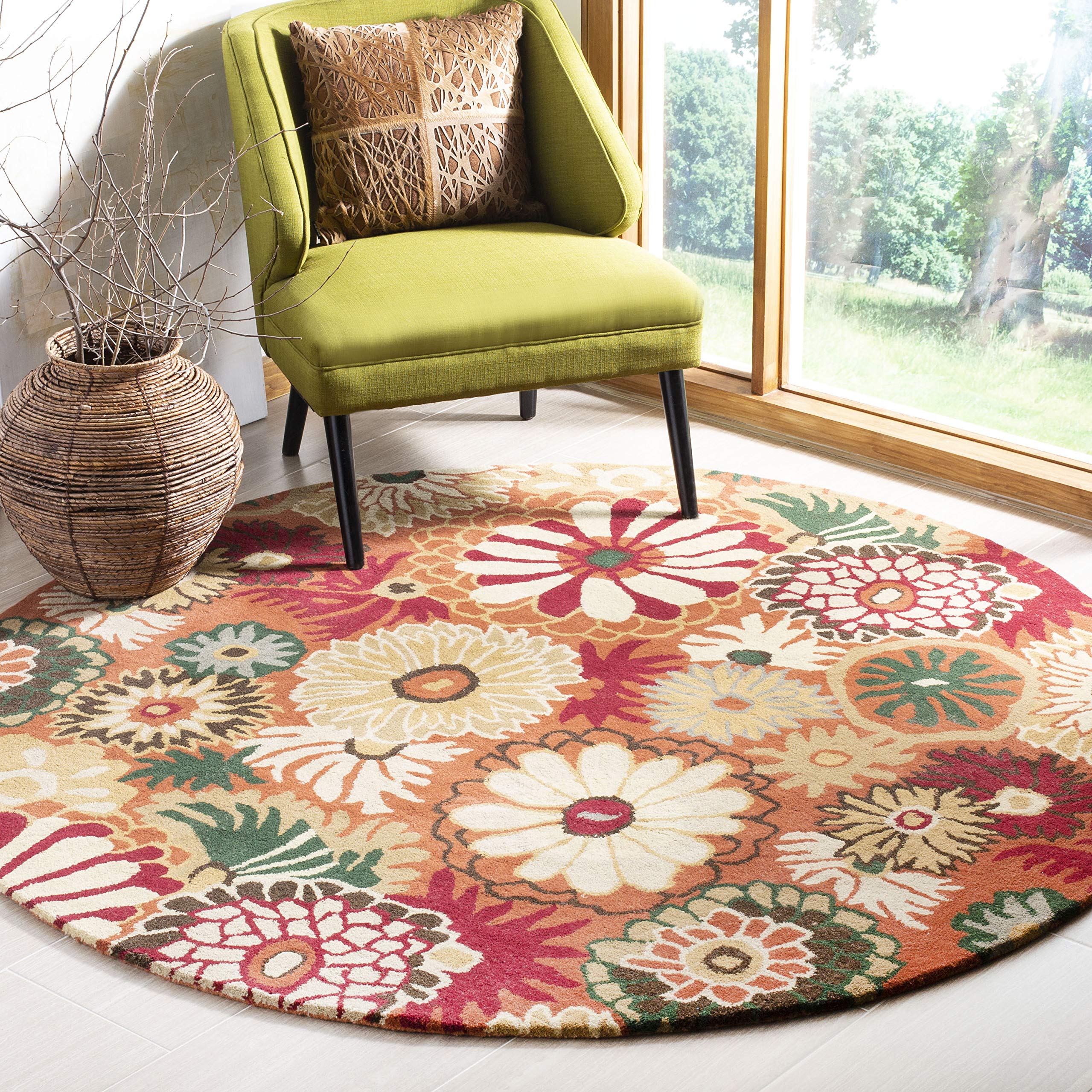 SAFAVIEH Jardin Collection 6' Round Orange & Multicolor Handmade Floral Wool Area Rug - Perfect for Living Room, Bedroom & Boho Home Decor