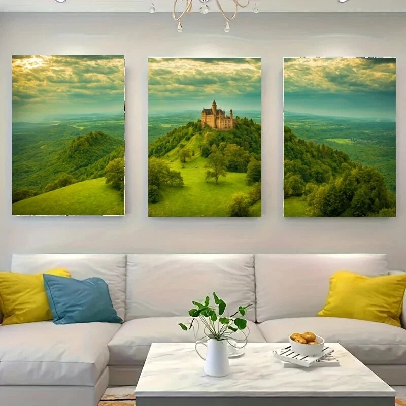 3-Piece Wolf Metal Wall Art Print - Castle on Hill Landscape - Ready to Hang Home Decor for Living Room, Bedroom & Office