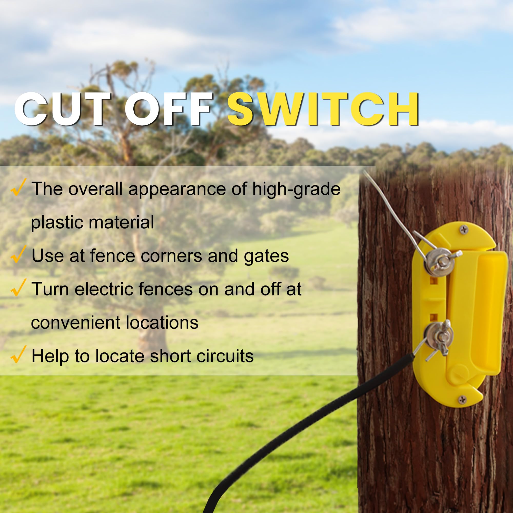 Heavy Duty Plastic Single Pole Electric Fence Cut Off Switch - Yellow | Weatherproof Safety Switch for Farm, Ranch & Livestock Fencing Systems